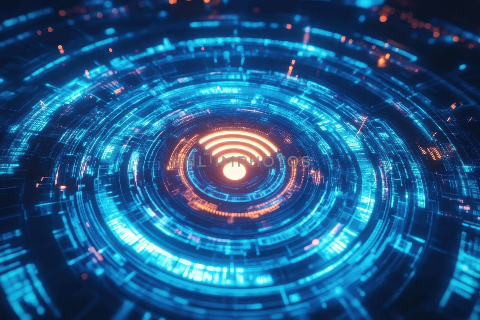 Captivating abstract digital technology background featuring a blue and orange wireless signal motif, ideal for projects focused on communication and innovation.
