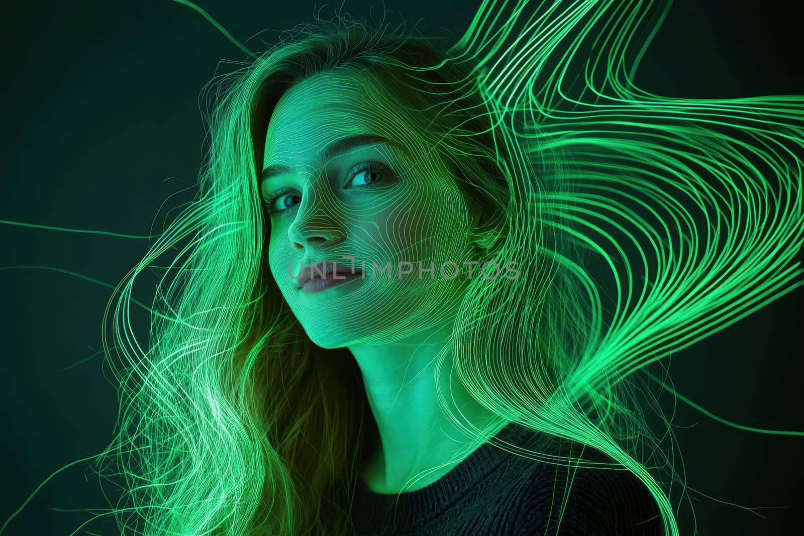 This captivating portrait features a woman illuminated by vibrant green light trails. The modern aesthetic combines beauty and creativity, making it an ideal choice for various artistic projects.