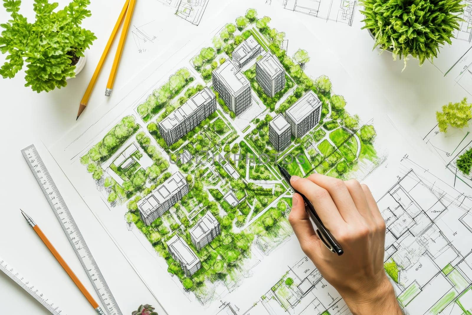 A detailed urban development blueprint showcasing modern architecture and greenery. The illustration reflects thoughtful planning for sustainable living environments.