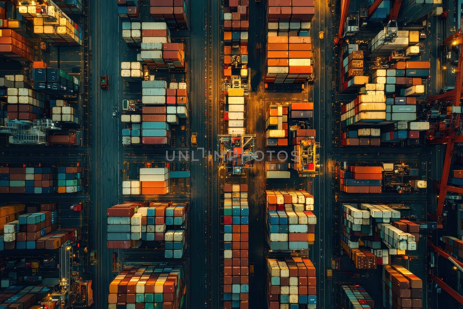 A stunning aerial view of a busy shipping container yard filled with colorful containers, highlighting the intricate organization and logistics involved in freight transport.