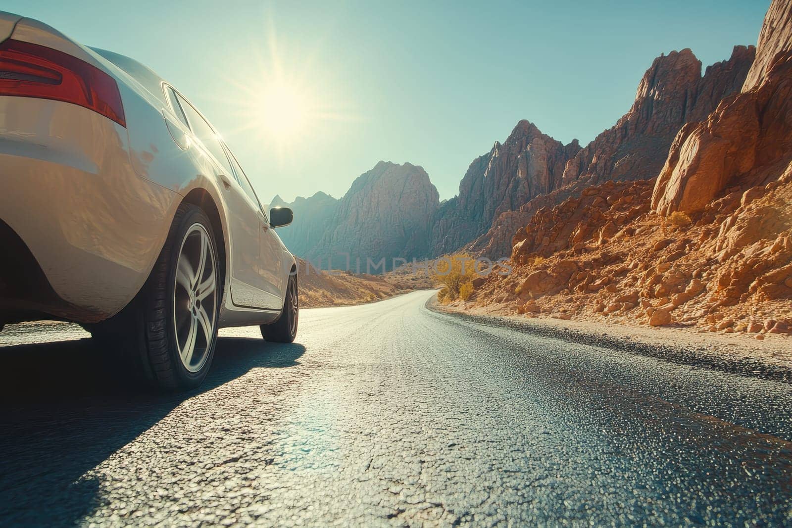 A white car parked on a smooth desert road beneath a radiant sun, framed by towering mountains, showcasing a tranquil travel scene ideal for adventure and exploration.