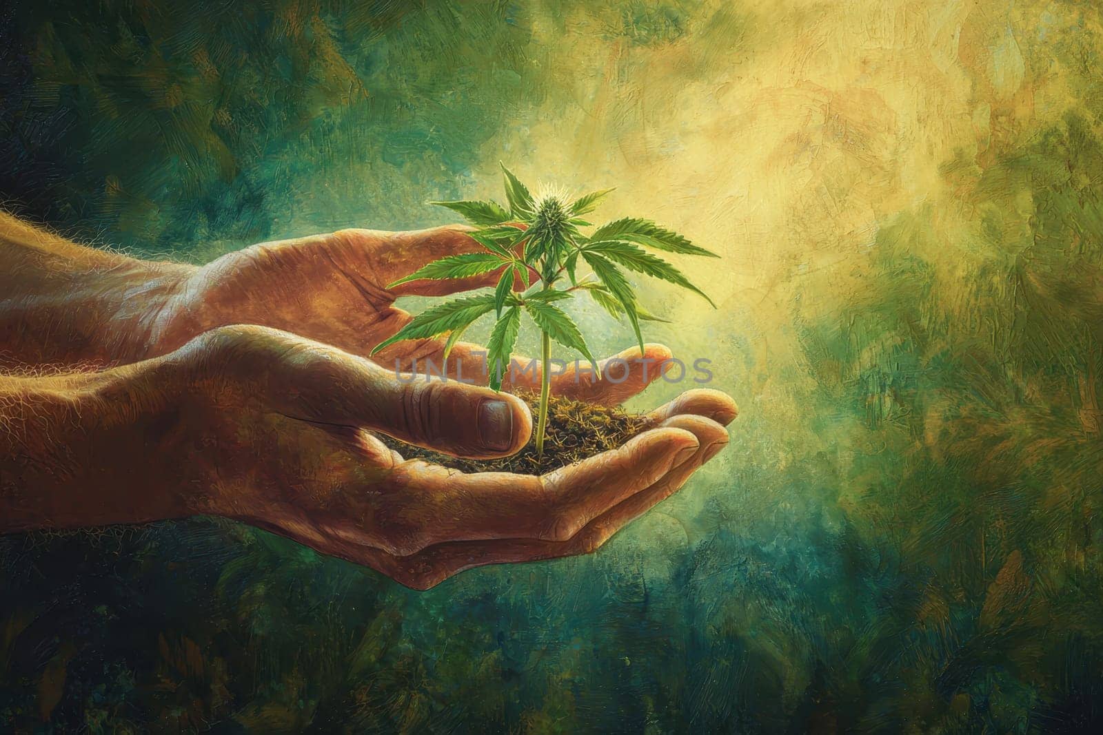 A pair of hands gently cradle a young cannabis plant in rich soil, symbolizing growth and nurturing in a serene green environment.