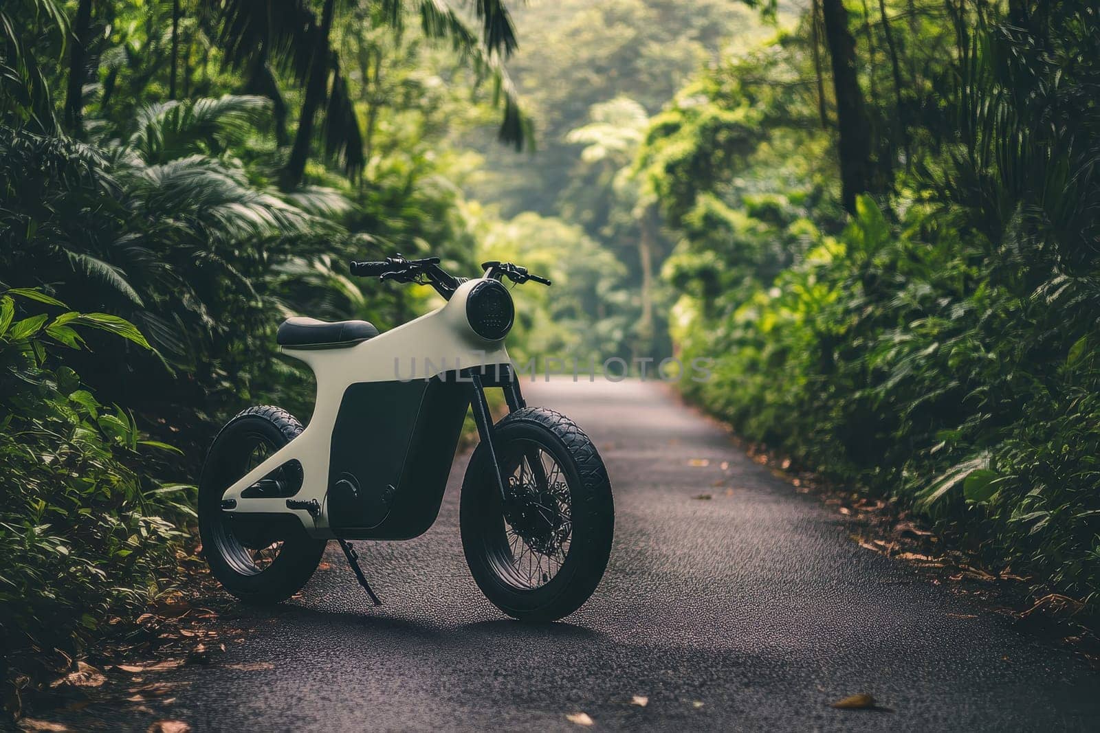An electric bike parked on a quiet forest path. Lush greenery surrounds the route, creating a tranquil setting perfect for outdoor exploration and adventure.