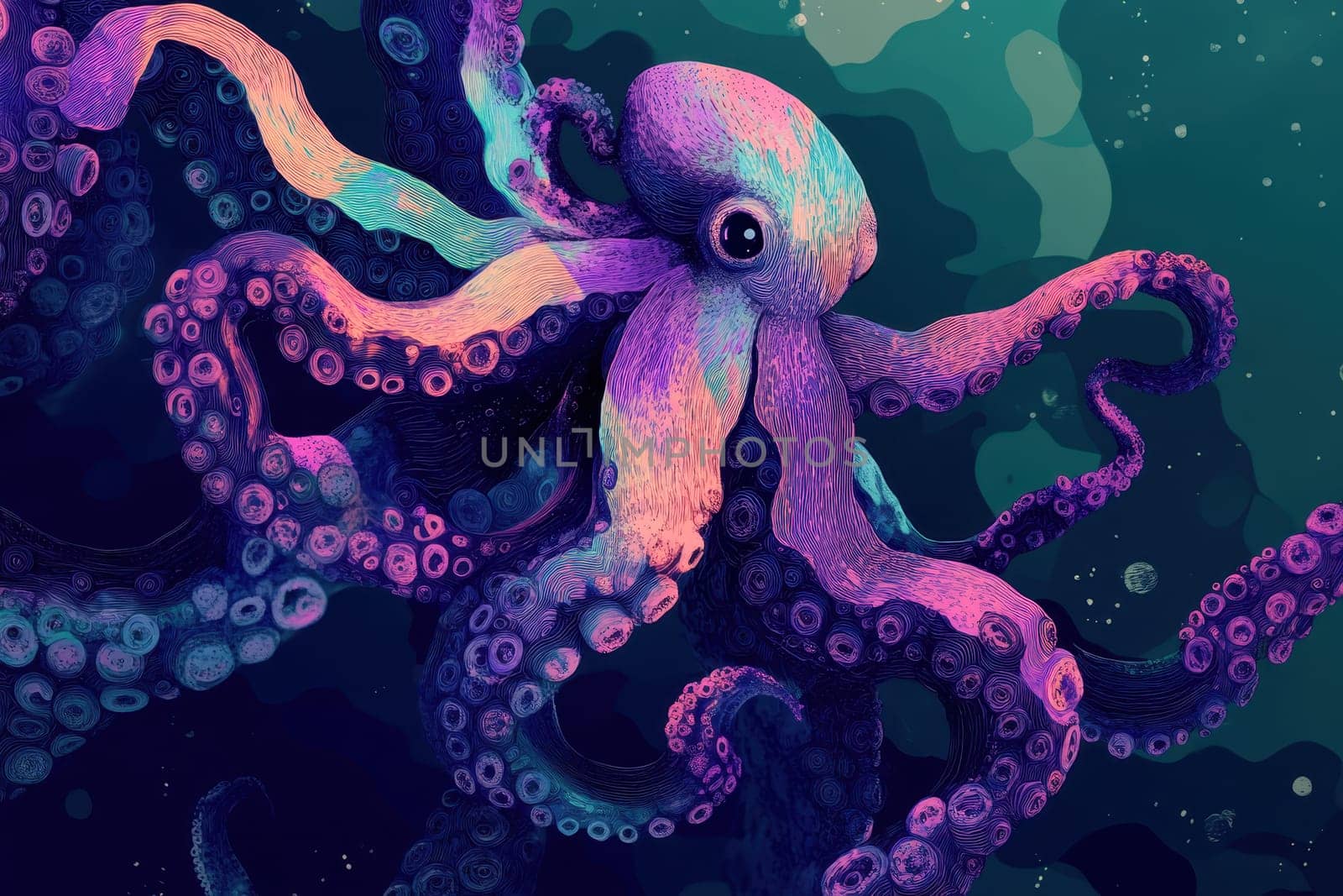 A colorful octopus with purple, blue and green colors. The octopus is surrounded by a dark blue background