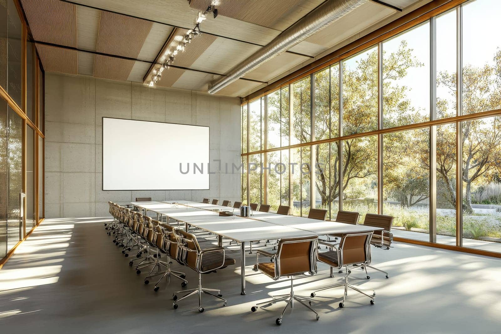 A sleek and modern conference room featuring large windows that provide ample natural light. The room design is ideal for meetings and collaboration.