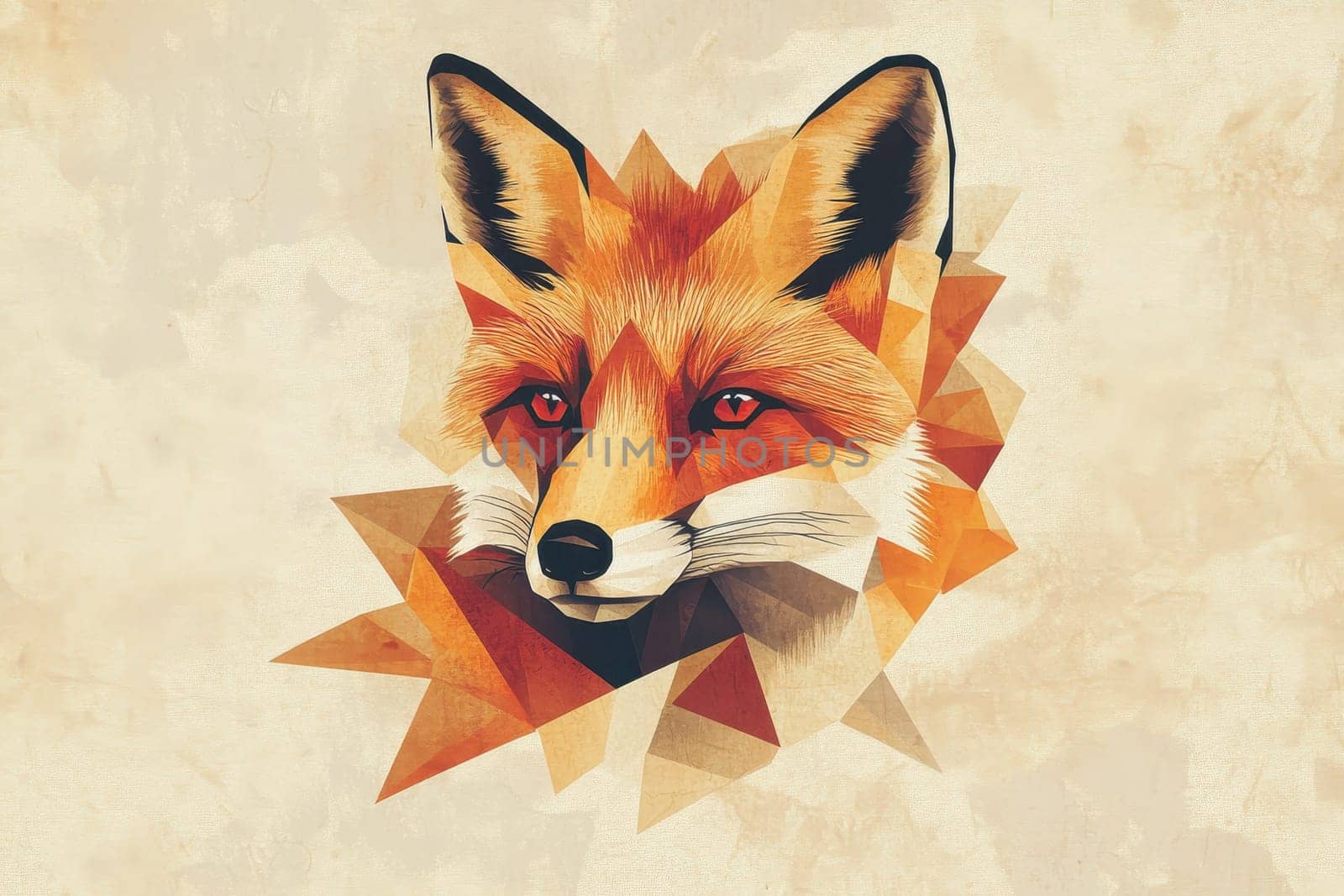 This captivating abstract illustration of a fox combines vibrant reds and oranges, featuring geometric shapes that create a unique artistic design.