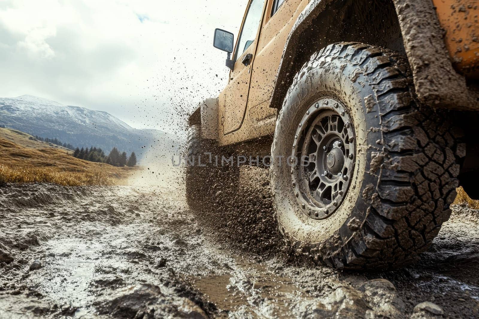 A dynamic off-road vehicle navigates through muddy terrain, creating splashes and showcasing the thrill of adventure. Perfect for exploring nature rugged landscapes.