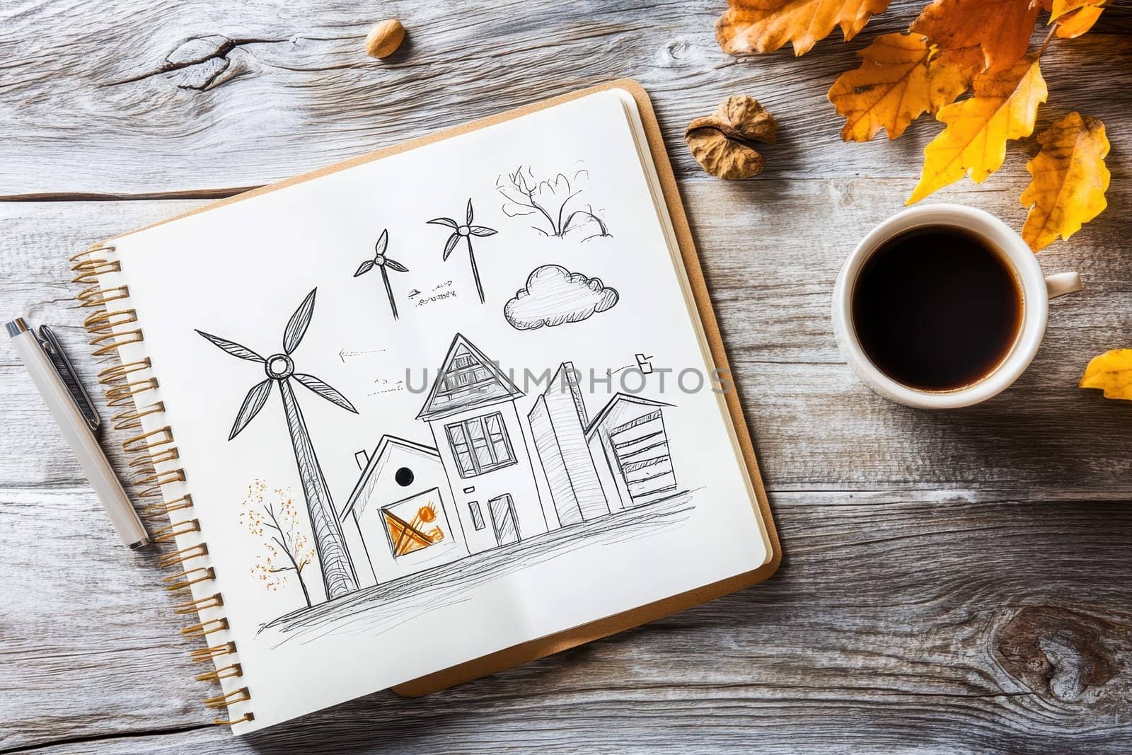 A serene workspace featuring a sketch of a modern home with wind turbines, surrounded by autumn leaves and a coffee cup on a wooden table.