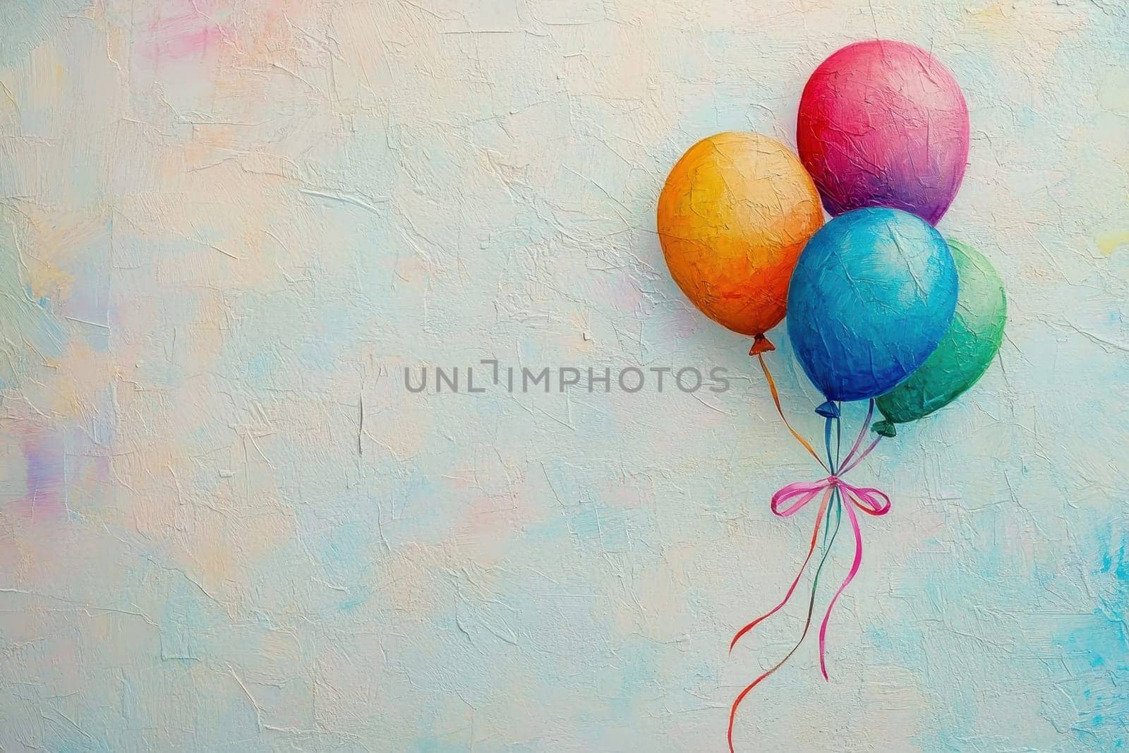 A painting of three colorful balloons with a pink ribbon tied to one of them. The balloons are floating in the air and the background is a light blue color. The painting conveys a sense of joy