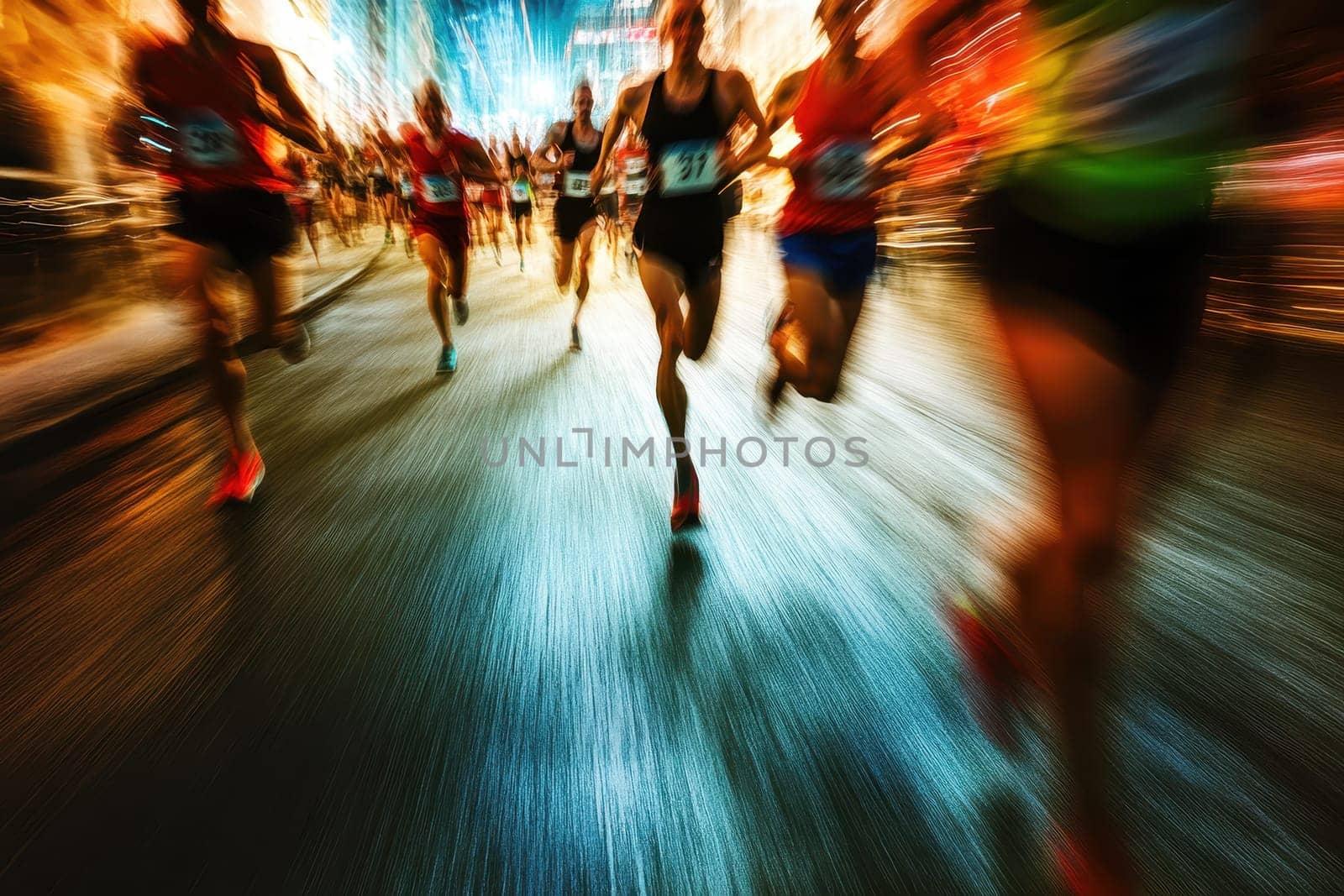 A vibrant image capturing the intense motion of runners sprinting in a city marathon, showcasing energy and athletic spirit against a colorful backdrop.