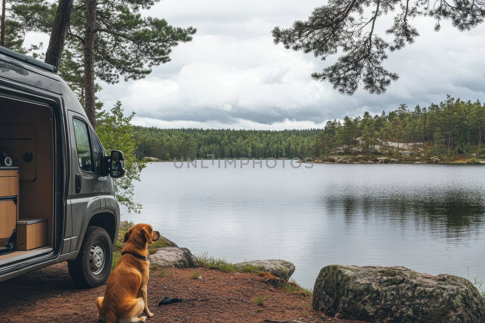 A calm lakeside scene featuring a dog sitting by a van, surrounded by lush greenery and overcast skies, perfect for outdoor adventures.