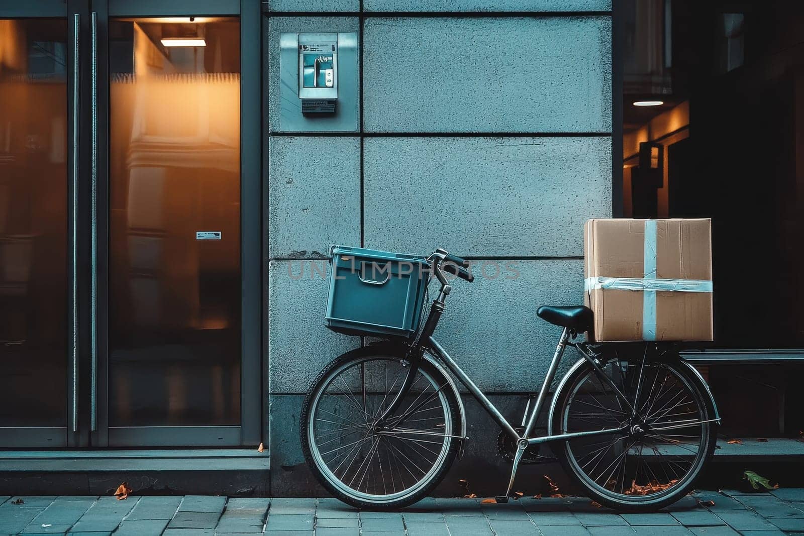A charming urban scene featuring a bicycle equipped with a delivery box resting against a modern building, highlighting the essence of city logistics and transportation.