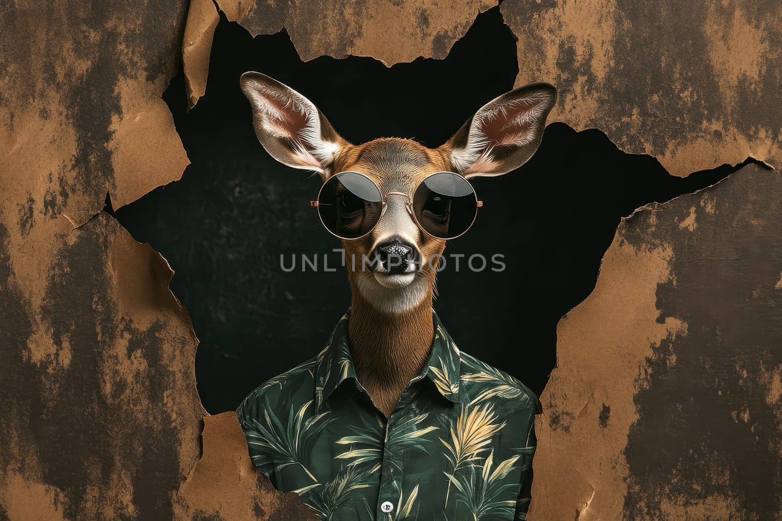 A whimsical portrait of a deer in sunglasses and a tropical shirt emerging from a damaged wall, blending humor and style in a unique artistic expression.