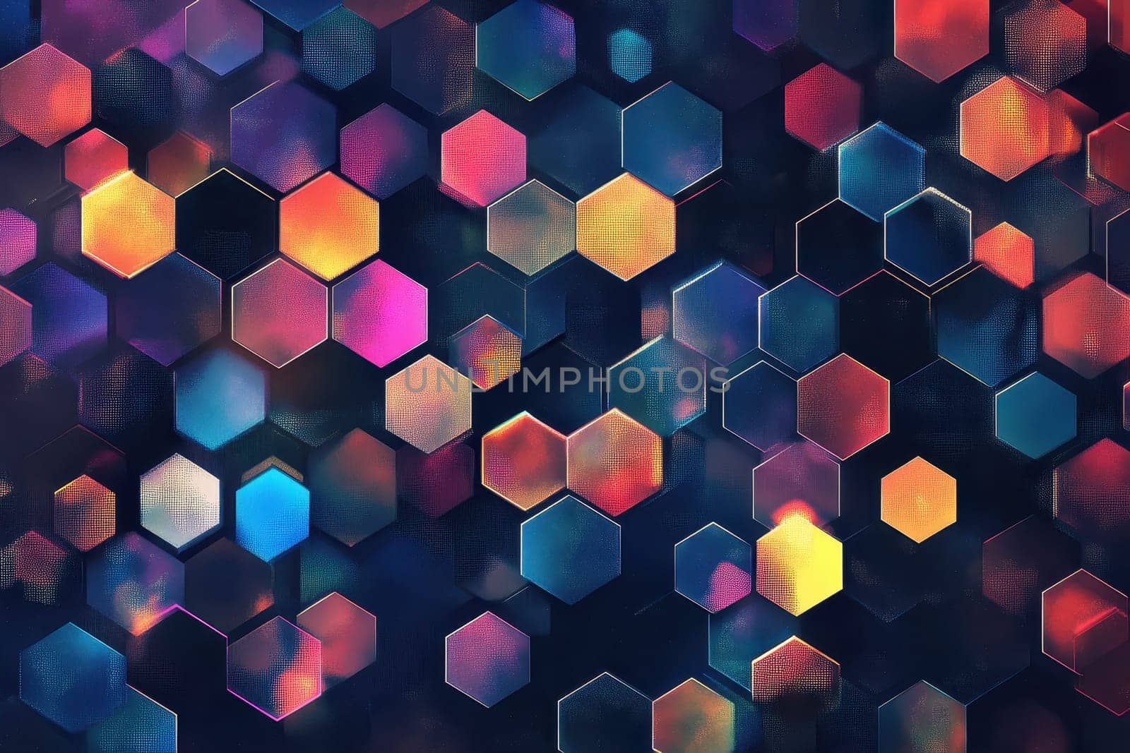 This image features a captivating arrangement of colorful hexagonal patterns radiating light reflections on a dark background, perfect for creative projects.