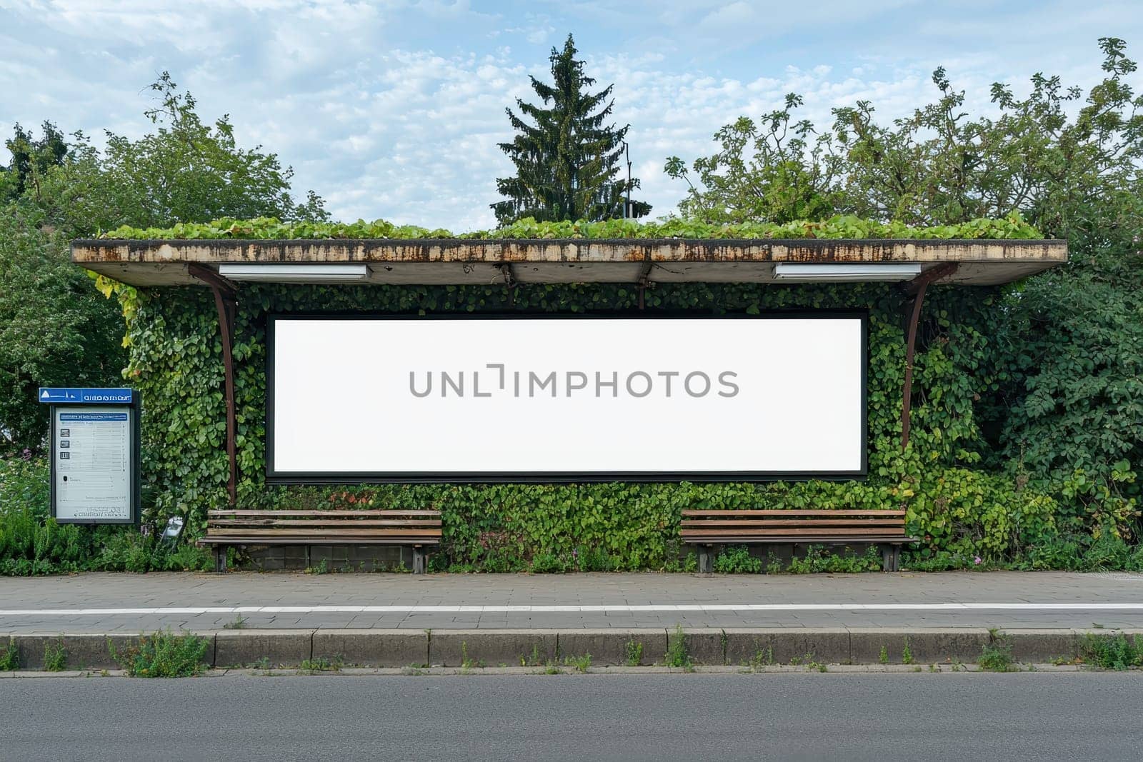 A white billboard sits on a bus stop with a green roof. The billboard is empty and the bus stop has two benches. Concept of emptiness and solitude, as the billboard
