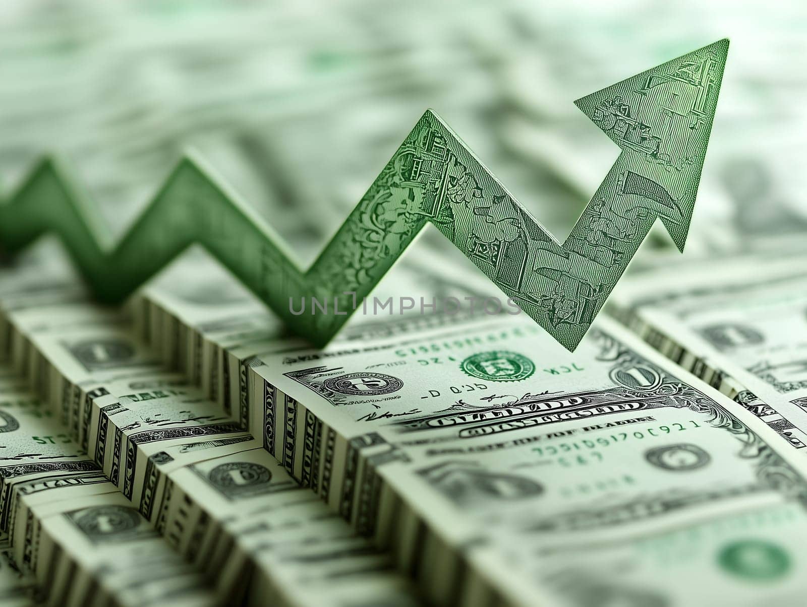 Symbolic representation of economic growth with a green arrow pointing upwards over stacks of U.S. dollar bills. This image illustrates financial success, investment growth, and economic trends.