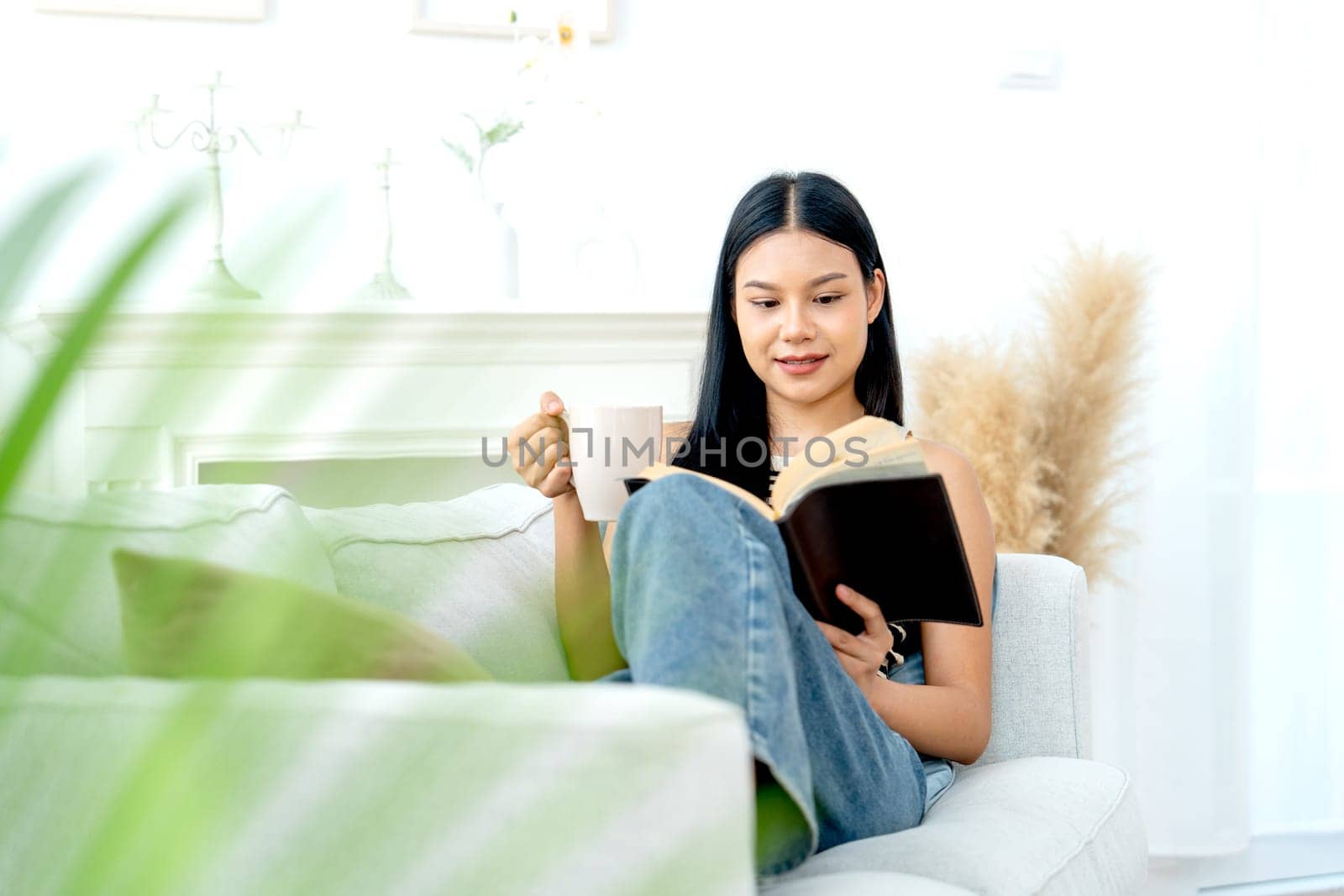 Front view of beautiful Asian woman lean on sofa also enjoy to read the book and happiness with day light.