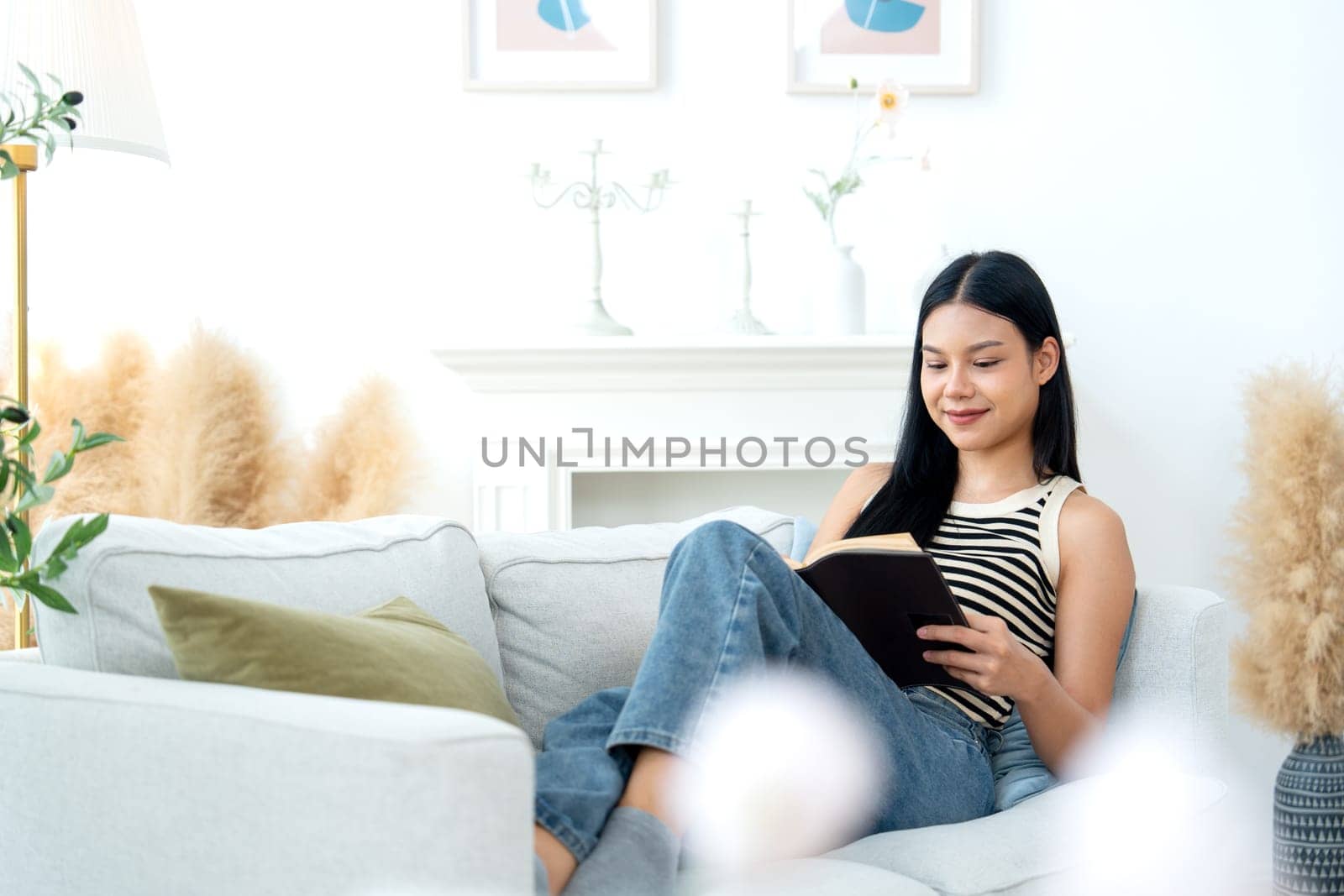 Front view and wide shot of beautiful Asian woman lean on sofa also enjoy to read the book and happiness with day light.