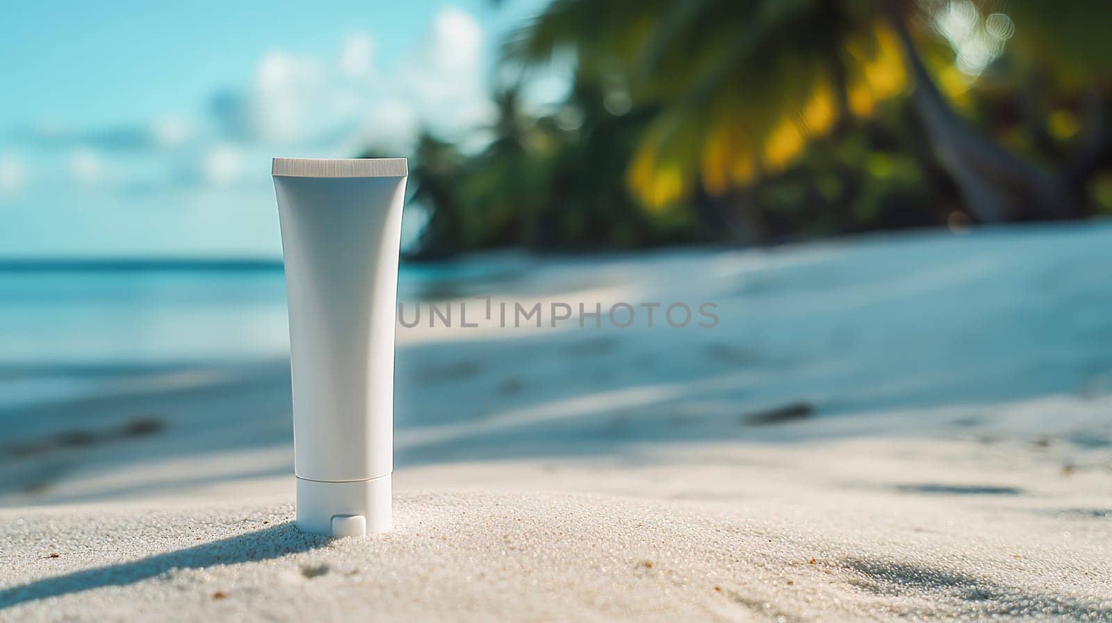 White tube of sunscreen on the sand by the shore of a beautiful sea. Ai art