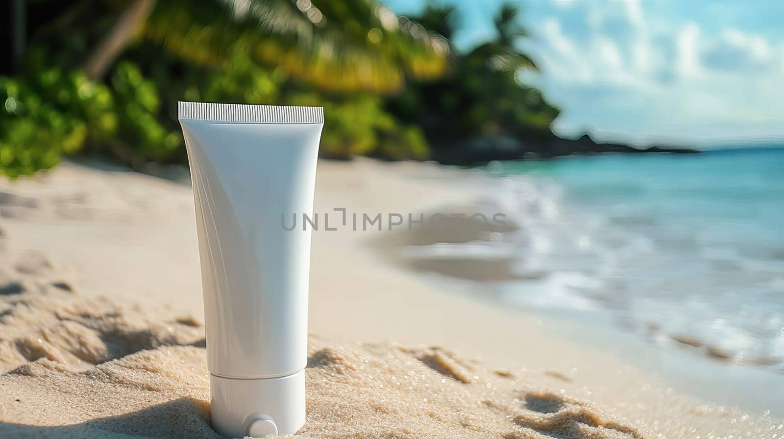 White tube of sunscreen on the sand by the shore of a beautiful sea. Ai art