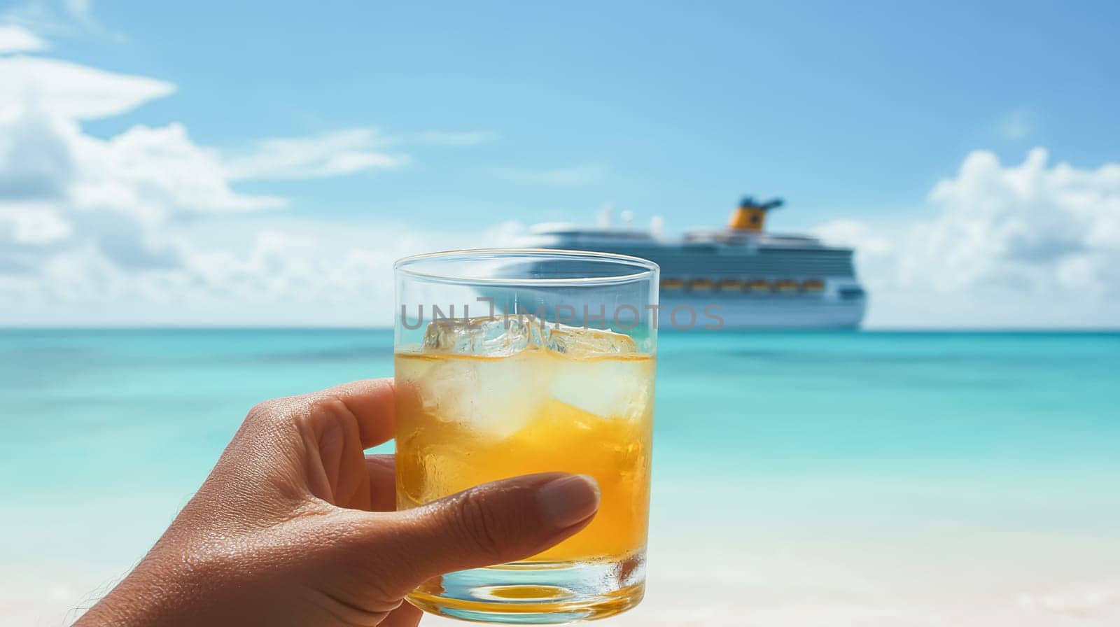 Hand holding a glass with a cocktail against the background of the see and a sailing cruise ship. Ai art