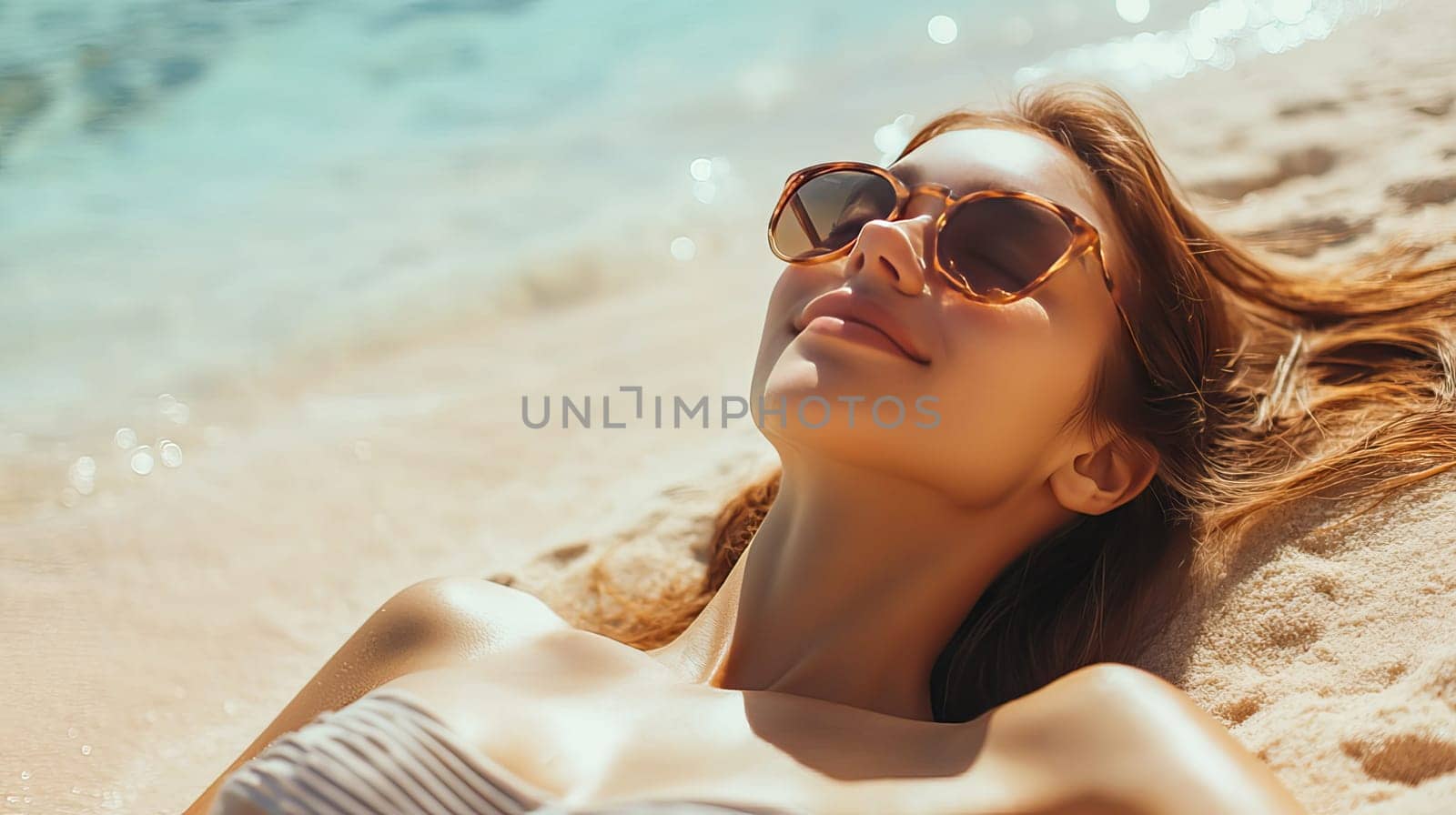 Relaxed woman enjoying sun at tropical beach. Ai art