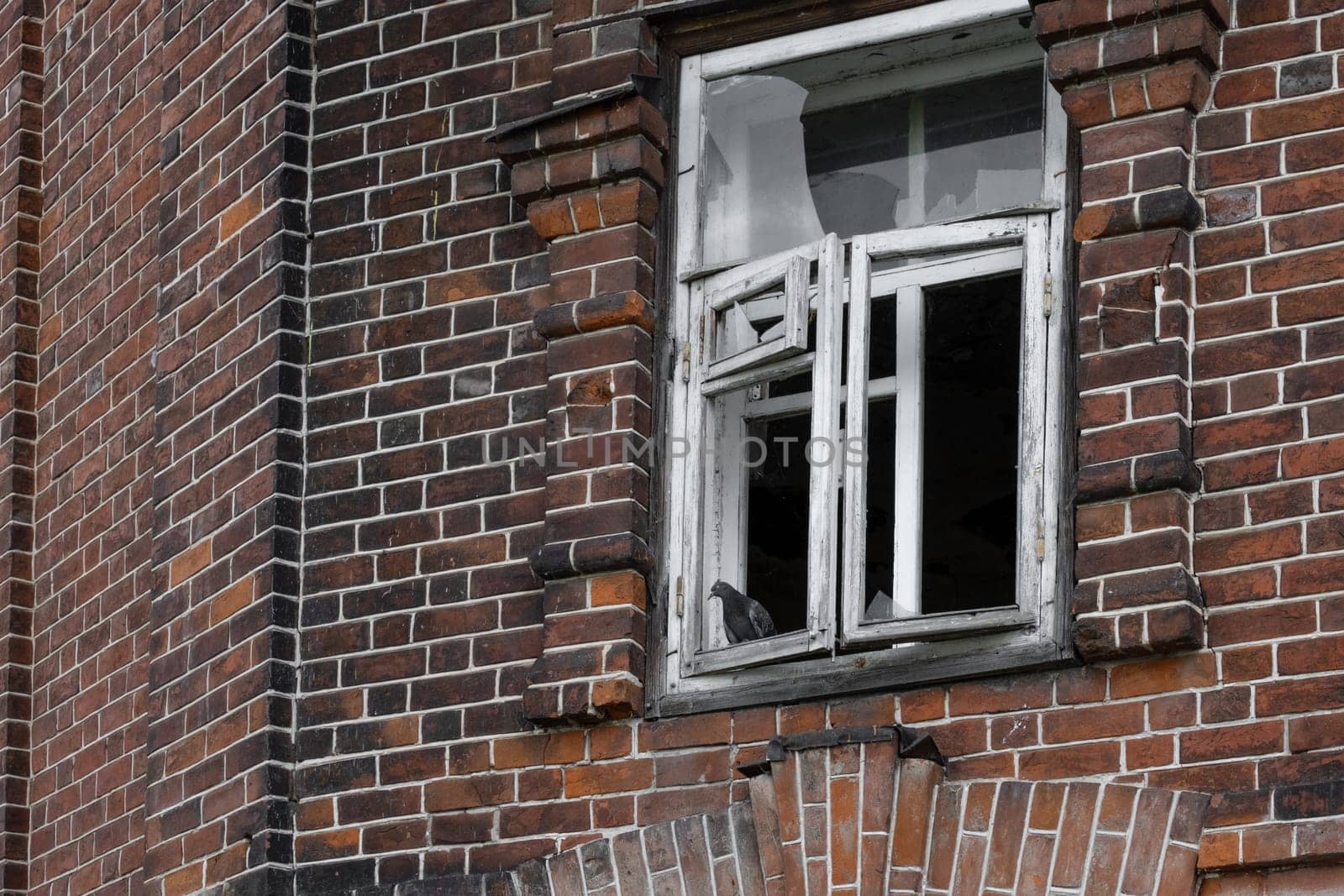 A fragment of a brick wall and a broken window of an old abandoned house. Selective focus.