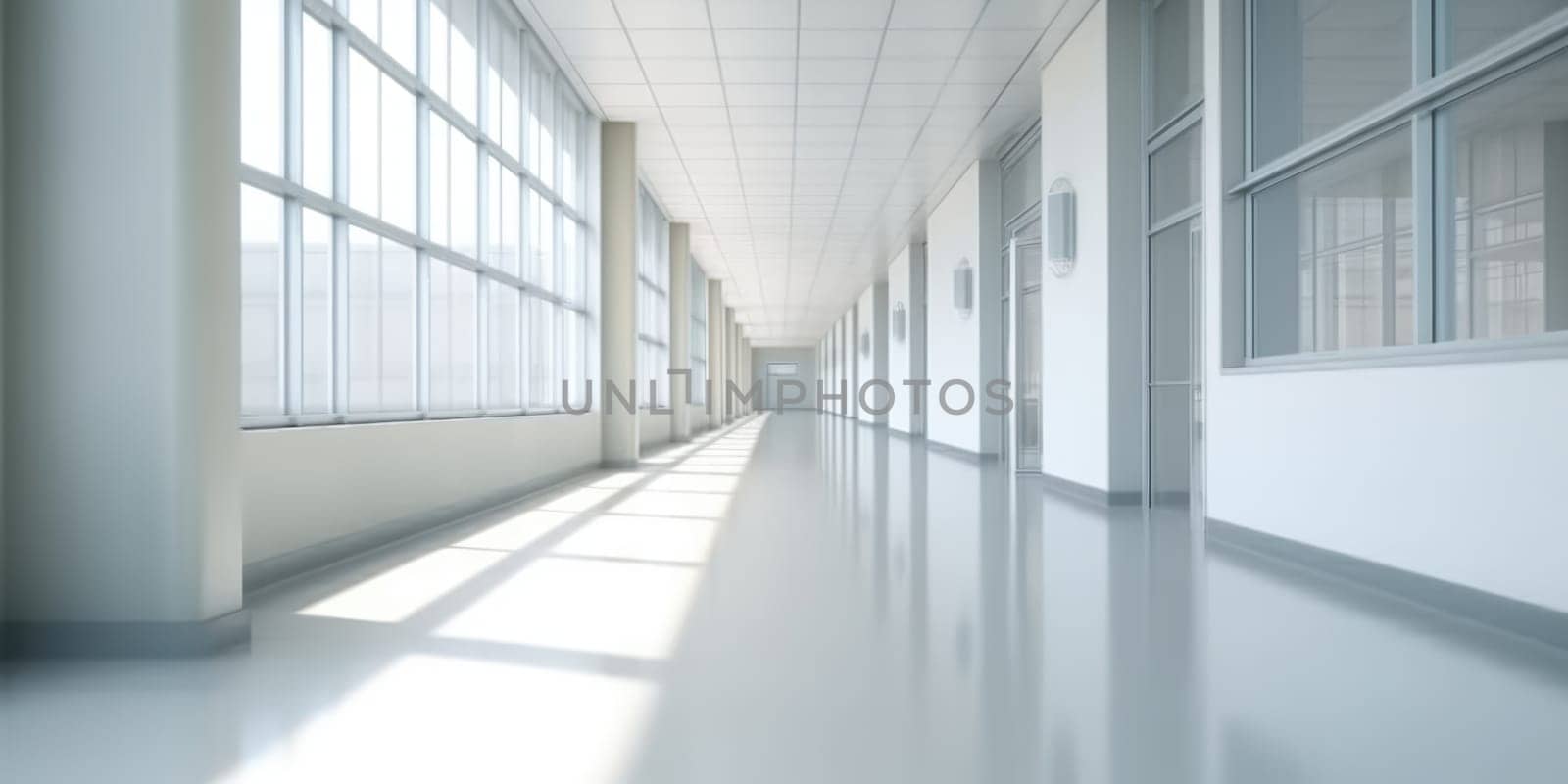 Hospital corridor with windows, in the style of bokeh, light gray, bauhaus, light white, skillful. Generative AI weber. by biancoblue