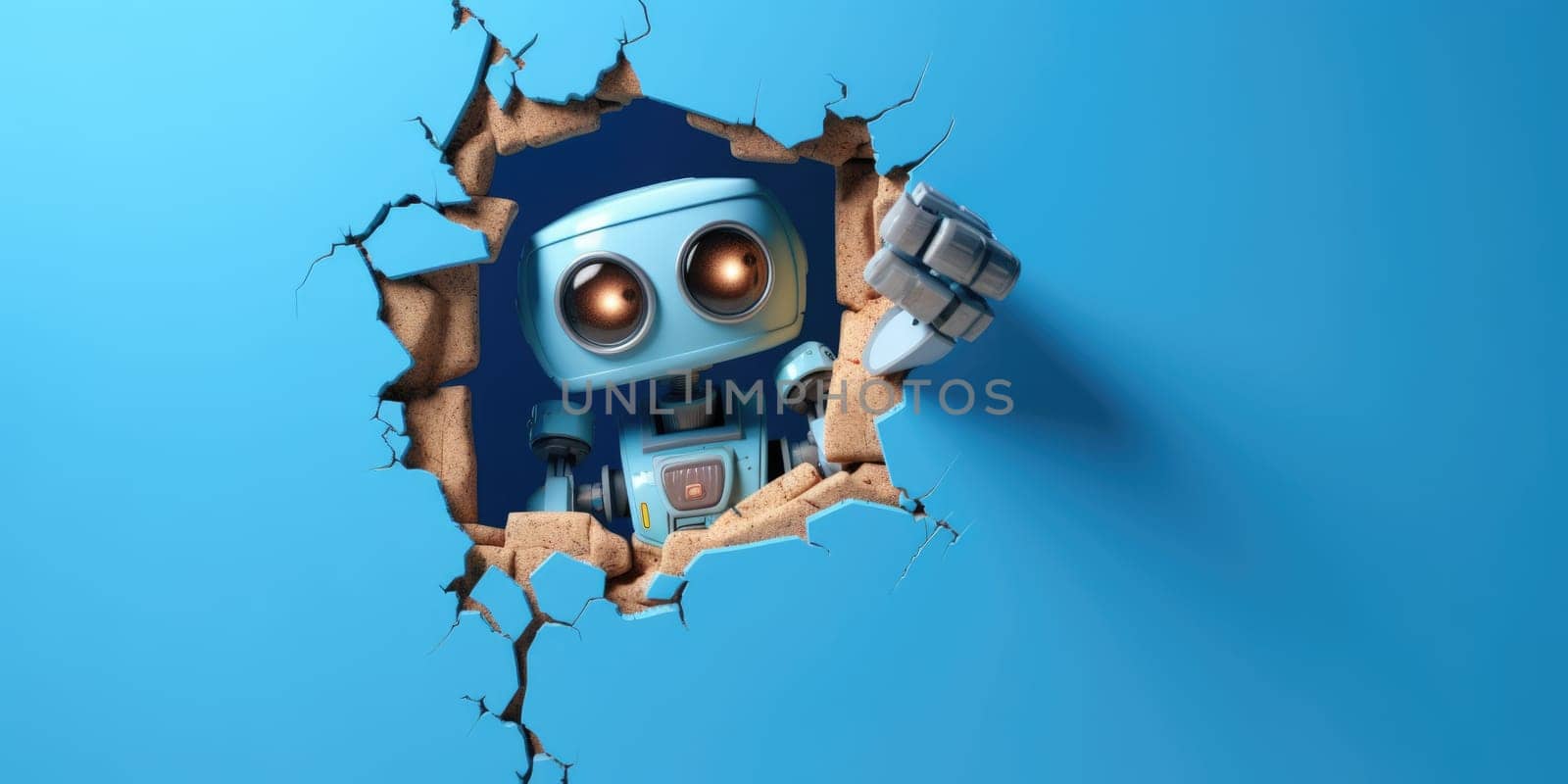 Cute Robot toy peeking out of a hole in wall, torn hole, empty copy space frame, mockup. Generative AI weber. by biancoblue