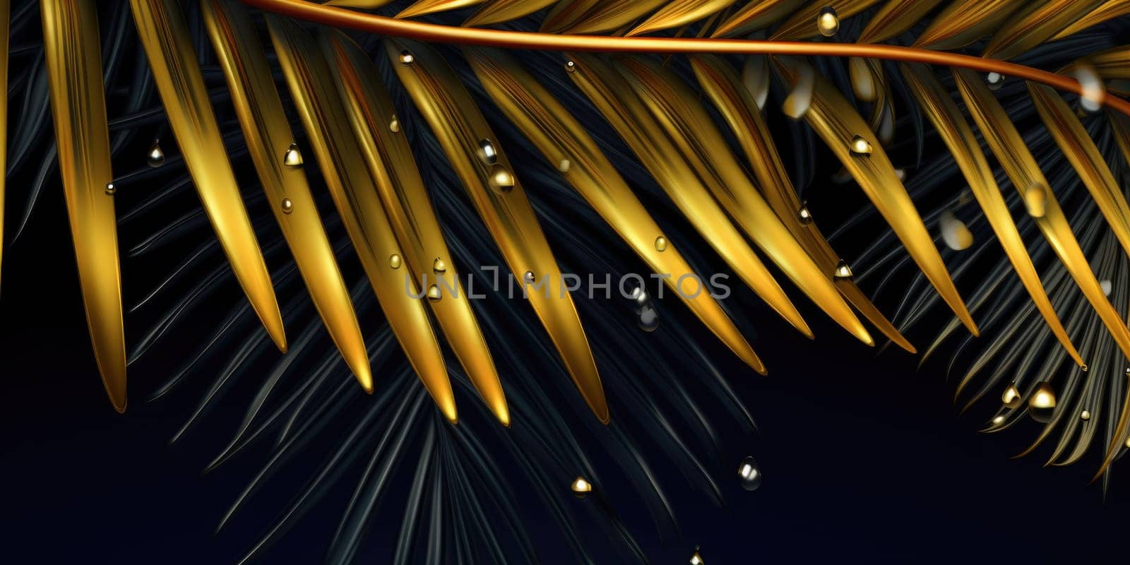 Dark Gold palm leaves dramatic photo effect background, realism, realistic, hyper realistic. Generative AI image weber.