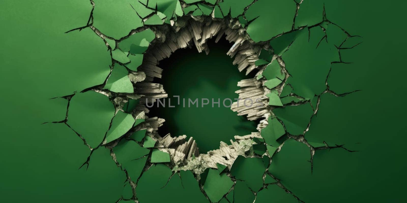 Breaking out of a hole in solid Green wall, torn hole, empty copy space frame, mockup. Generative AI image weber.