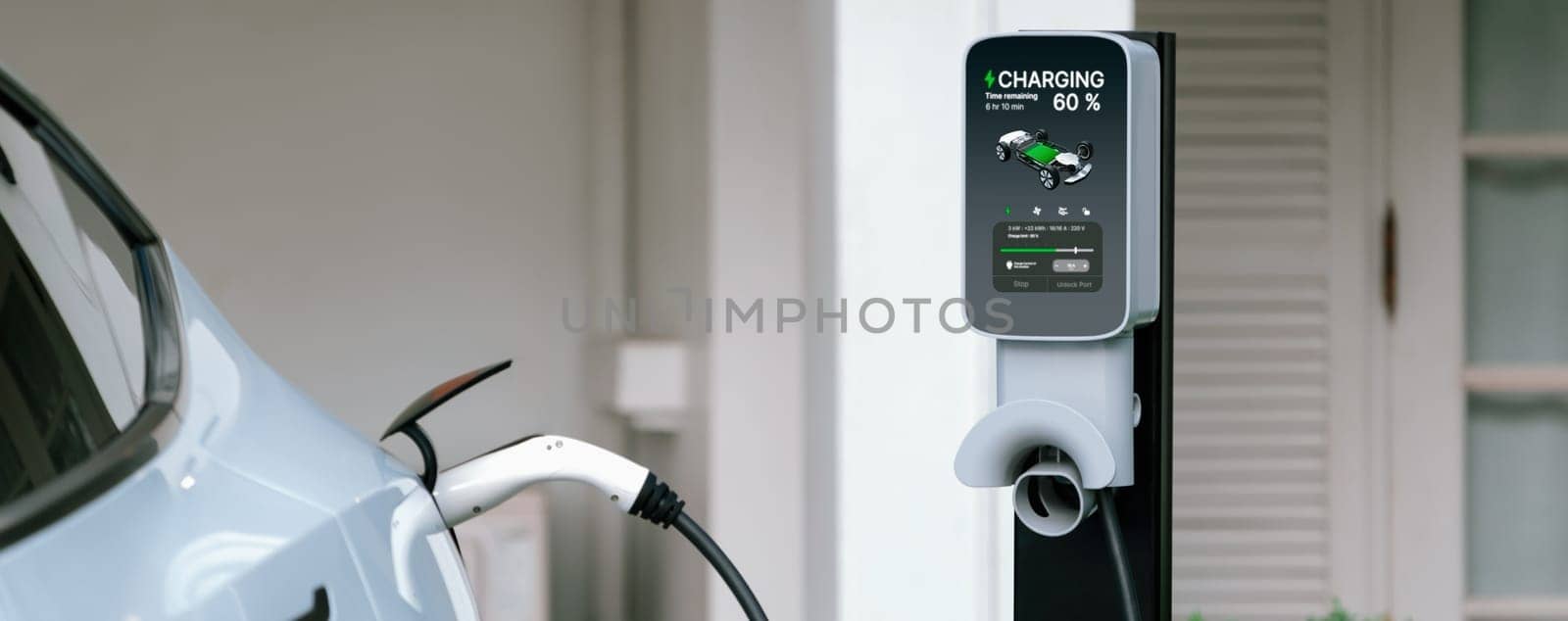 Electric vehicle technology utilized to residential home charging station for EV car battery recharge. Eco-friendly transport by clean and sustainable energy for future environment.Panorama Synchronos