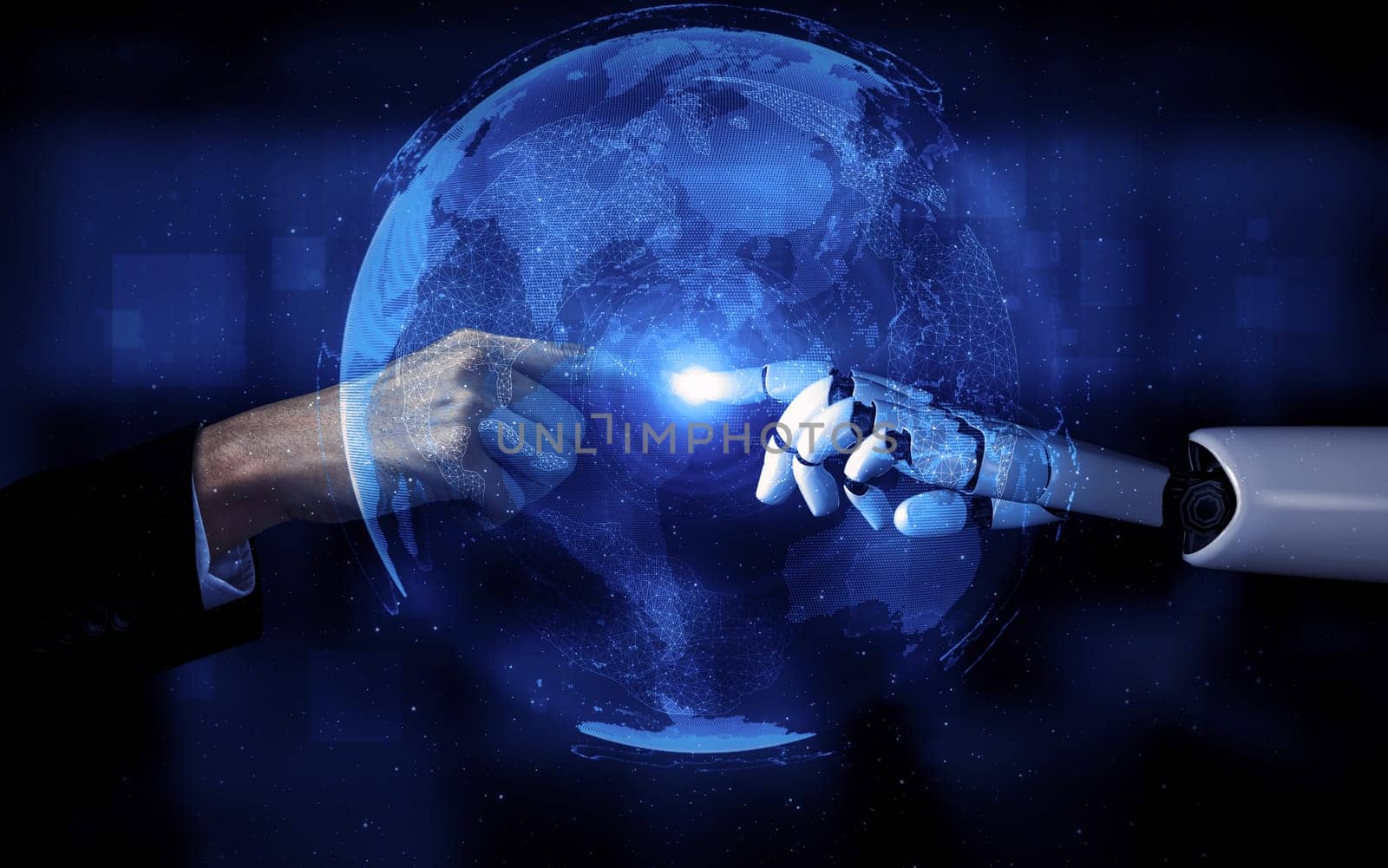 3D rendering artificial intelligence AI research of robot and cyborg development for future of people living. Digital data mining and machine learning technology design for computer brain.