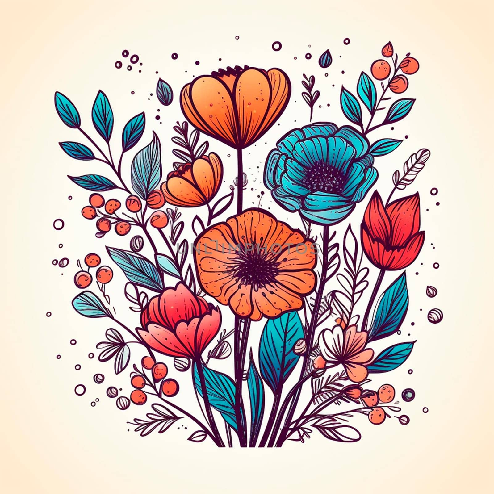 Color drawings of flowers and plants, hand drawings - image