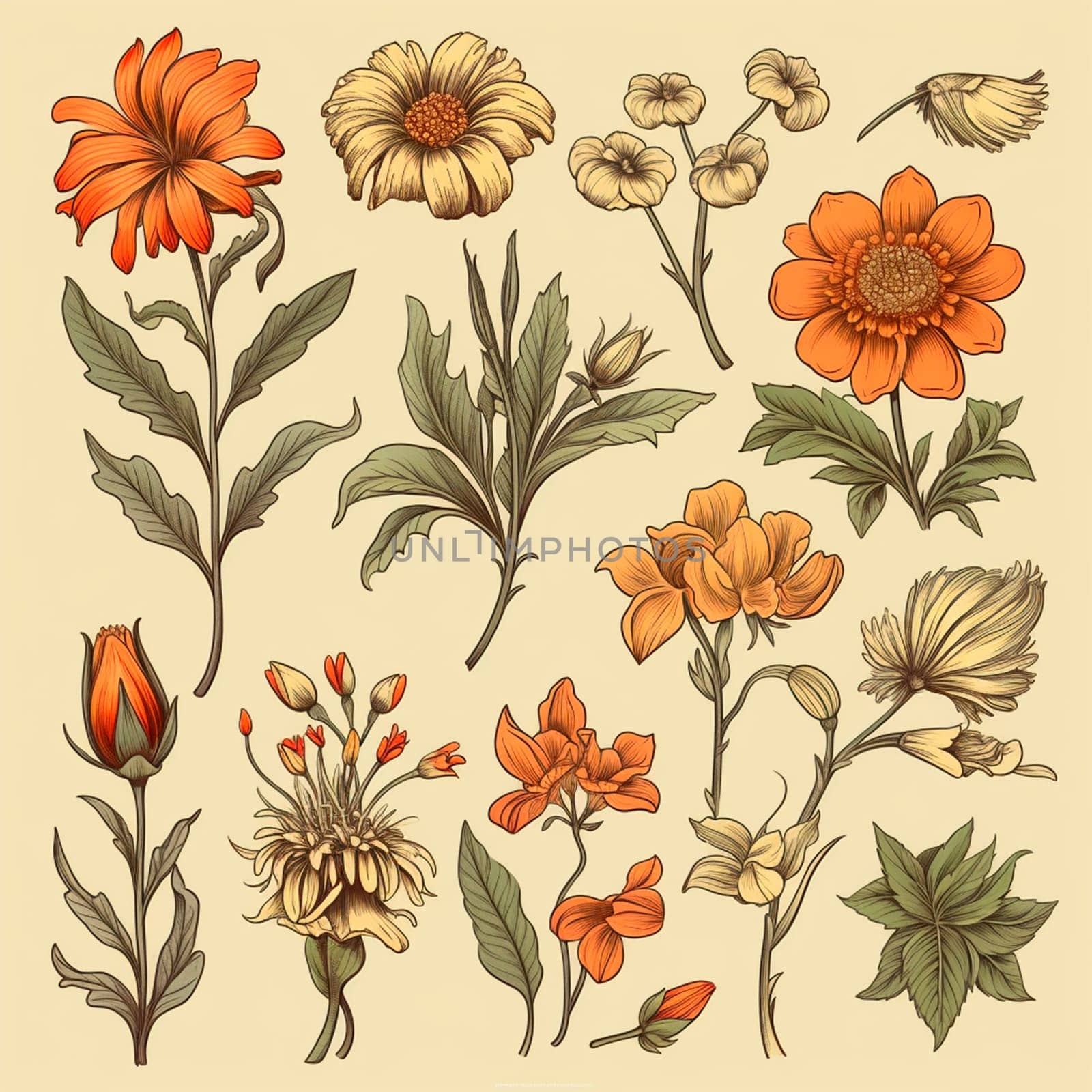 Color drawings of flowers and plants, hand drawings - image