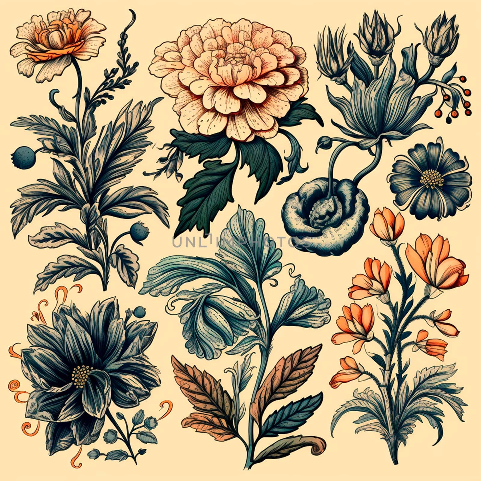 Color drawings of flowers and plants, hand drawings - image