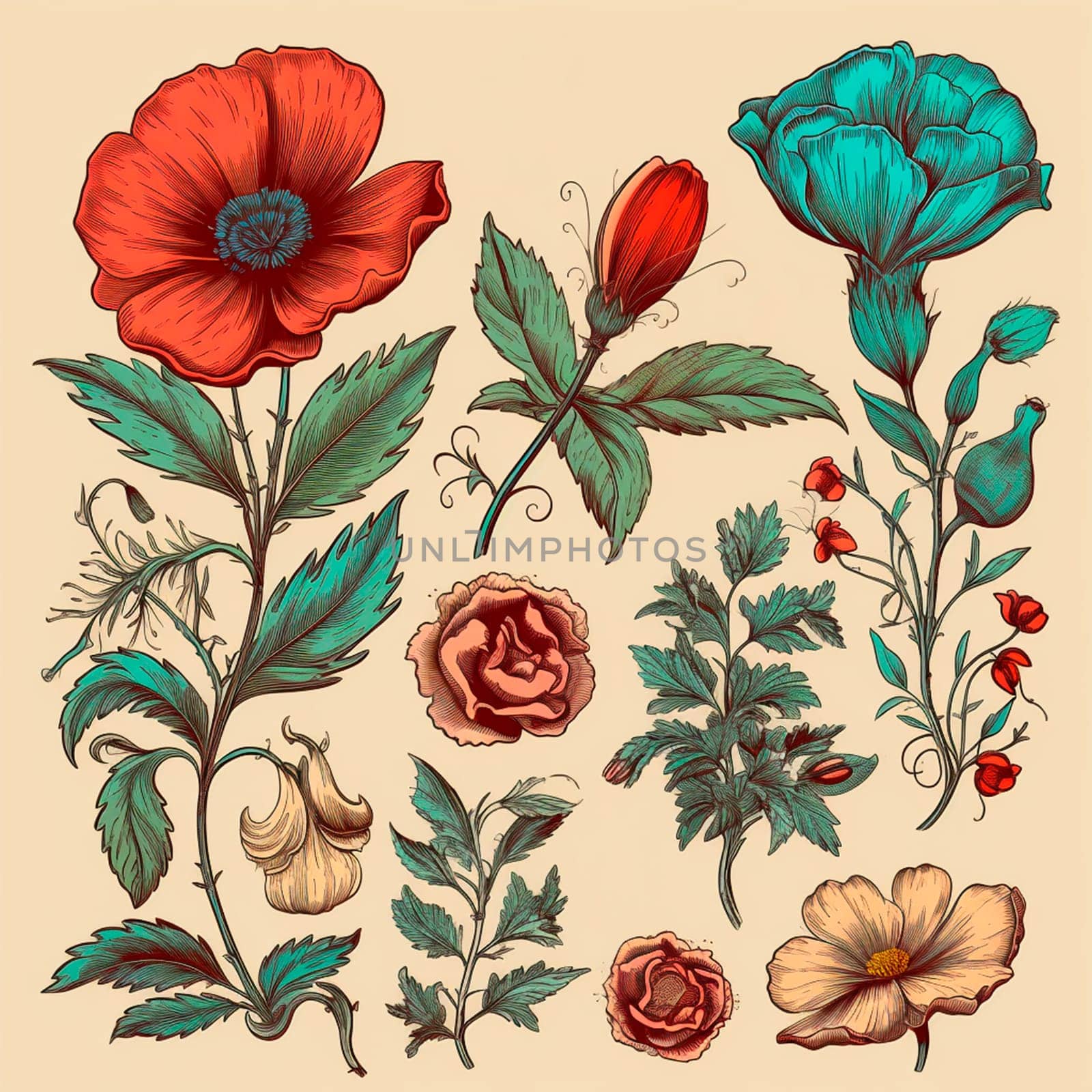 Color drawings of flowers and plants, hand drawings by BEMPhoto