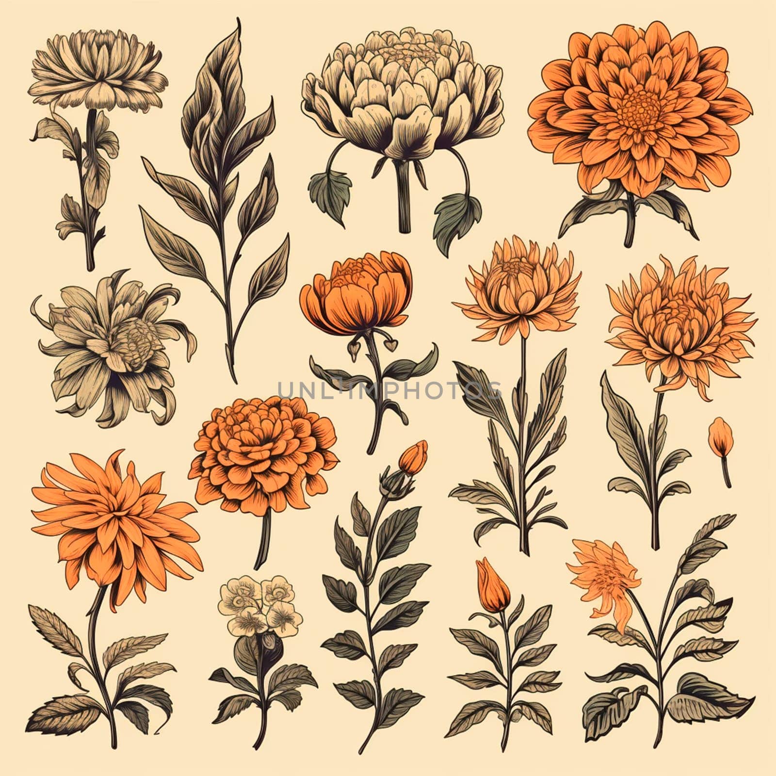 Color drawings of flowers and plants, hand drawings - image