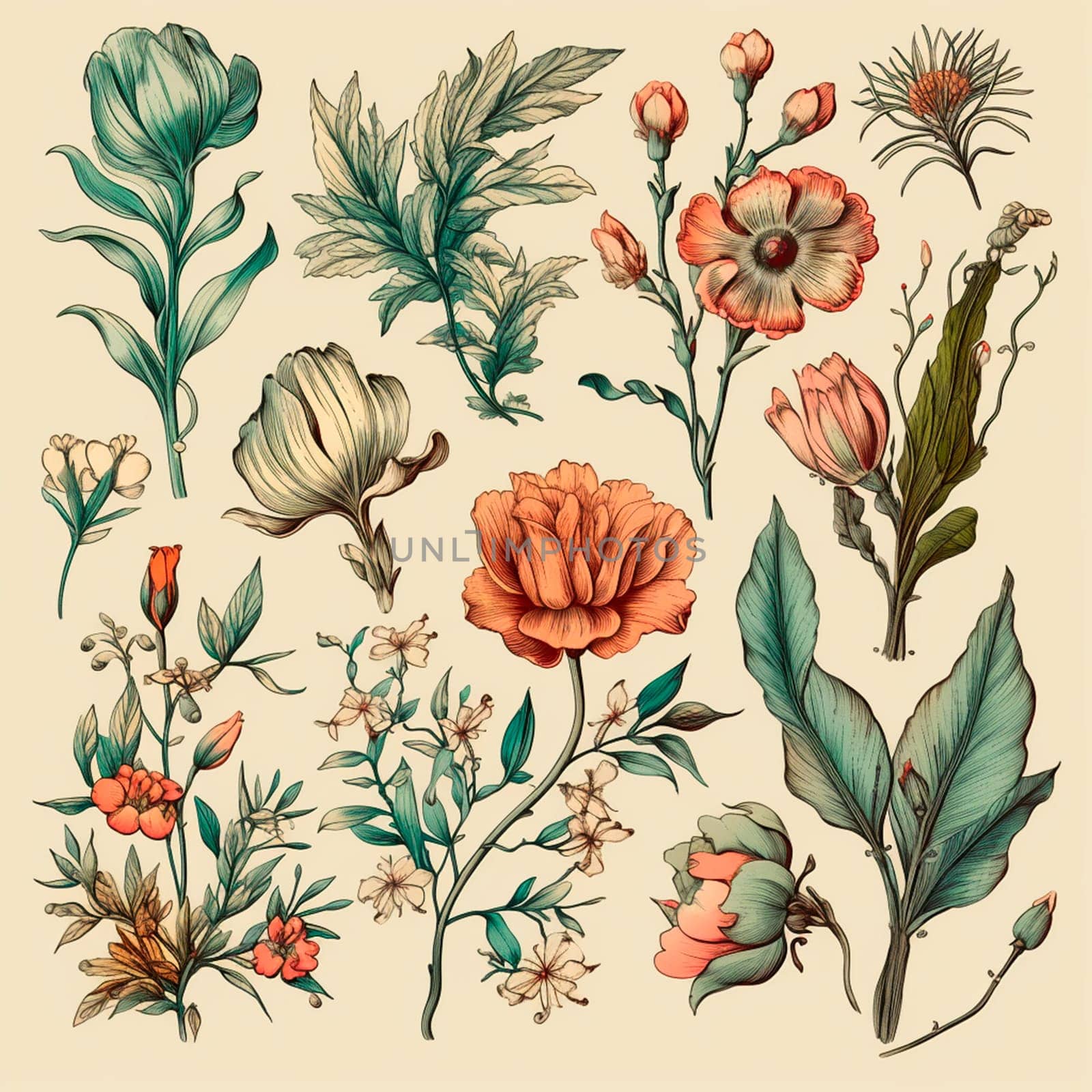 Color drawings of flowers and plants, hand drawings - image