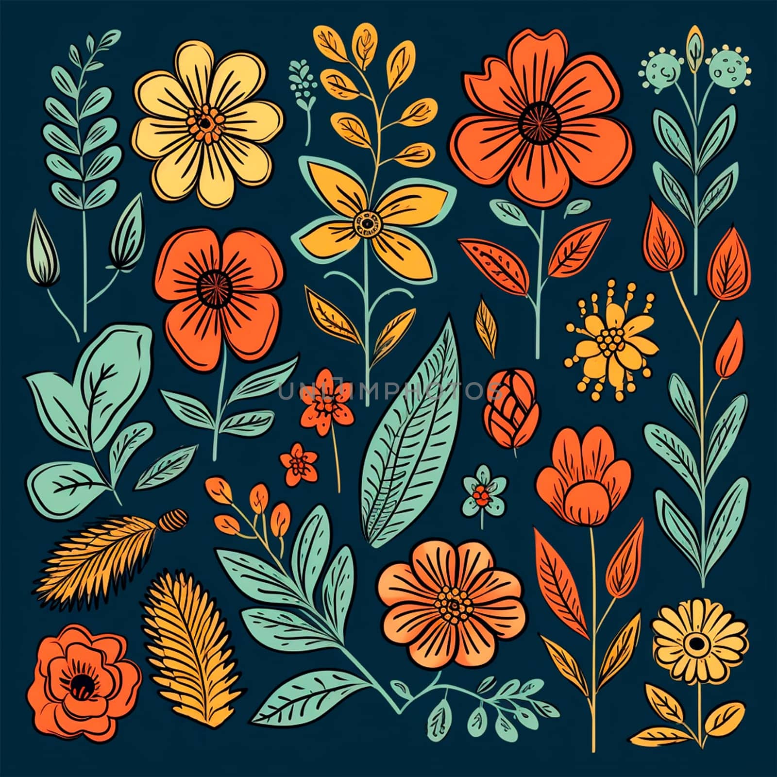 Color drawings of flowers and plants, hand drawings - image