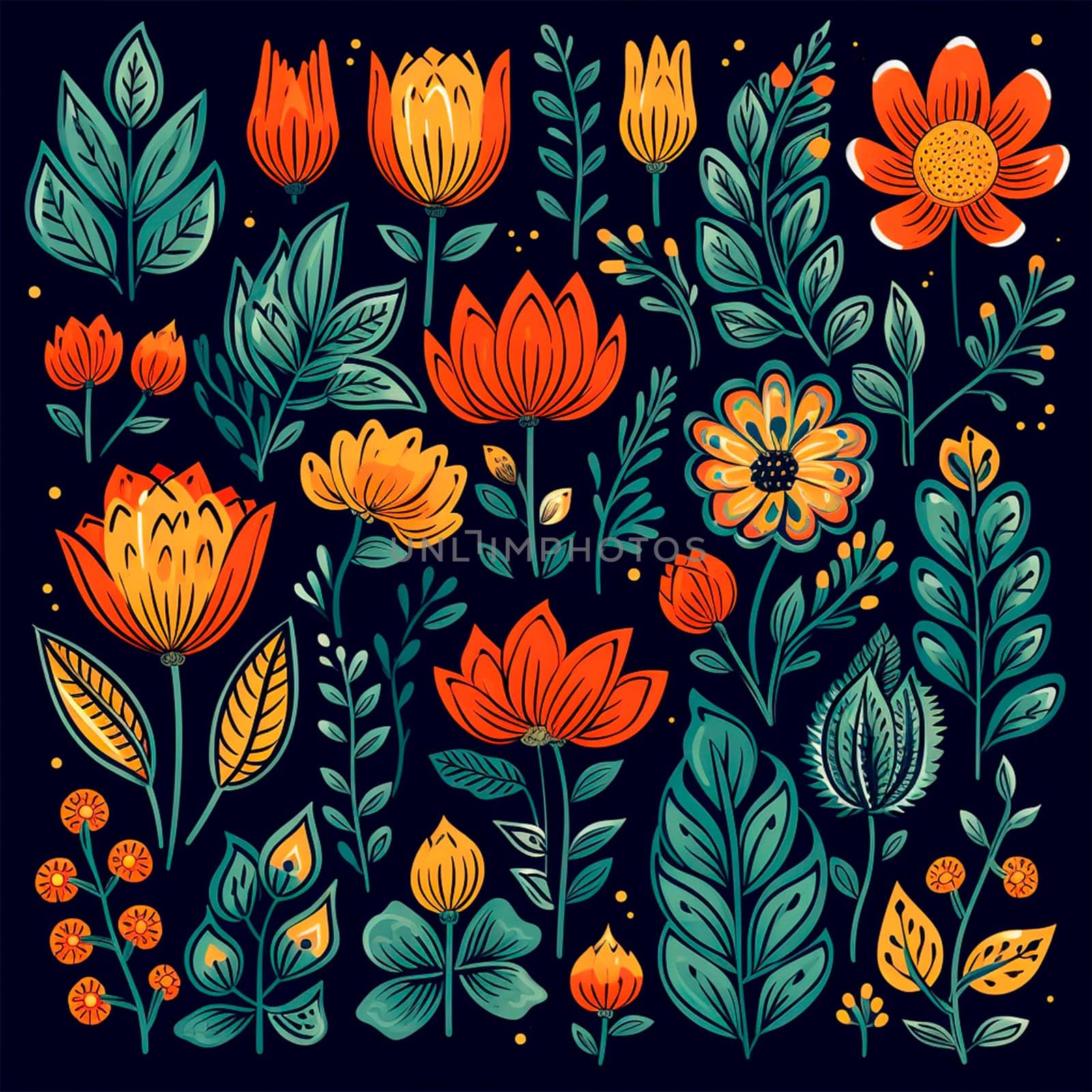 Color drawings of flowers and plants, hand drawings - image