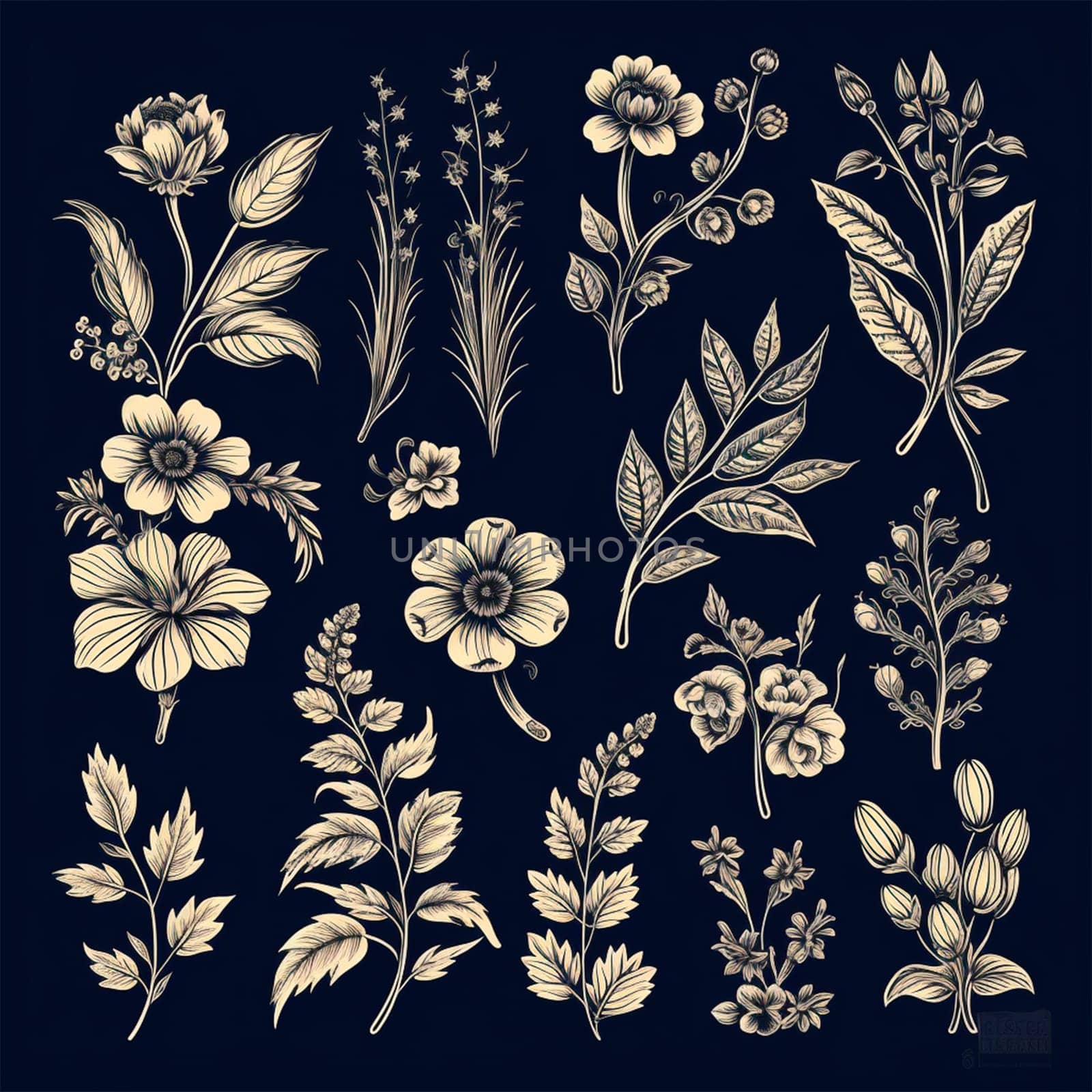 Black and white drawings of flowers and plants, hand drawings - image