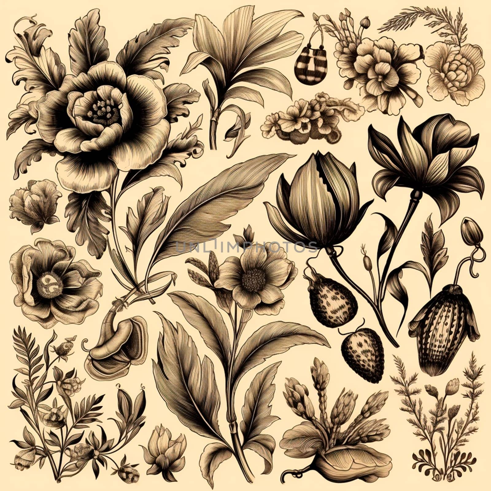 Black and white drawings of flowers and plants, hand drawings by BEMPhoto