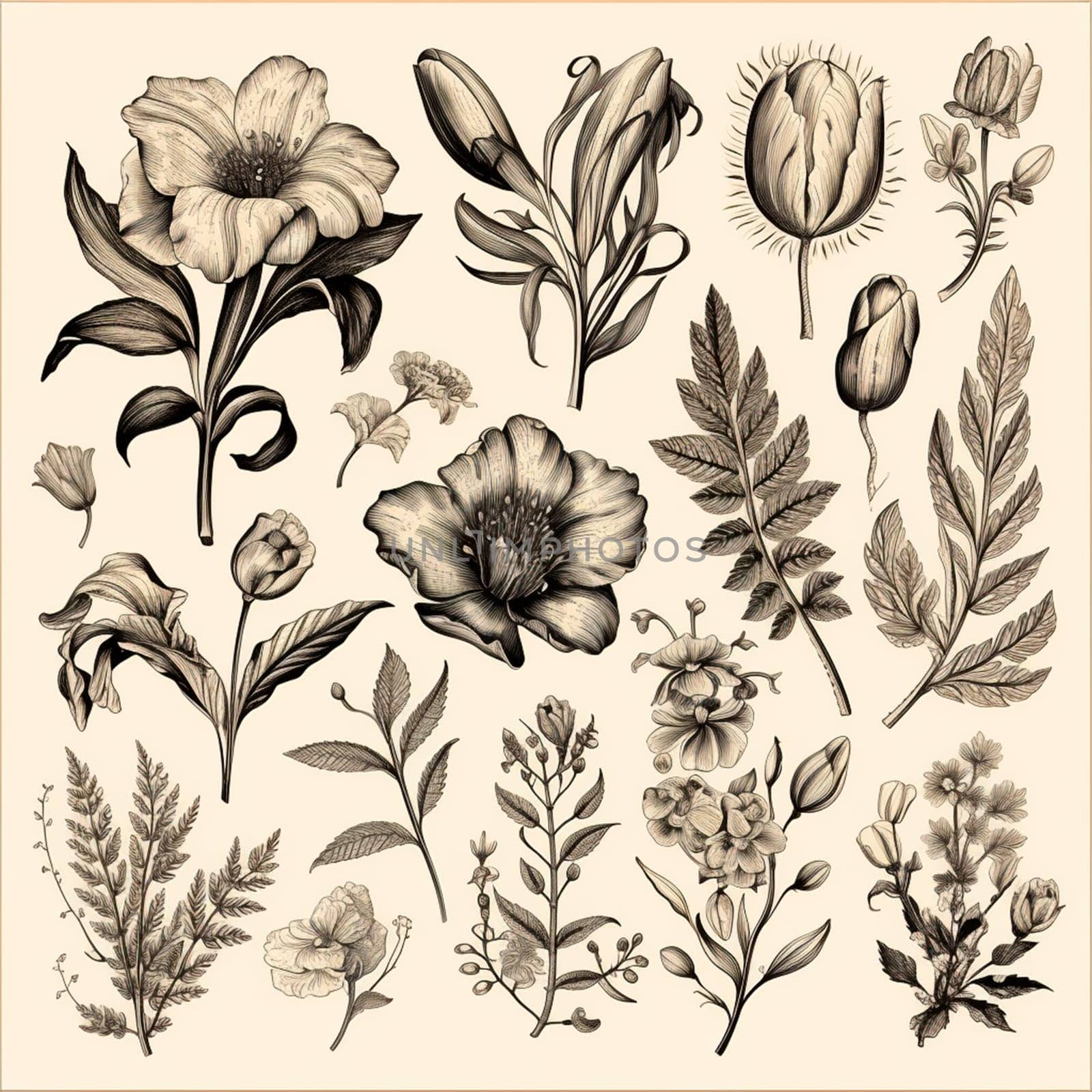 Black and white drawings of flowers and plants, hand drawings - image