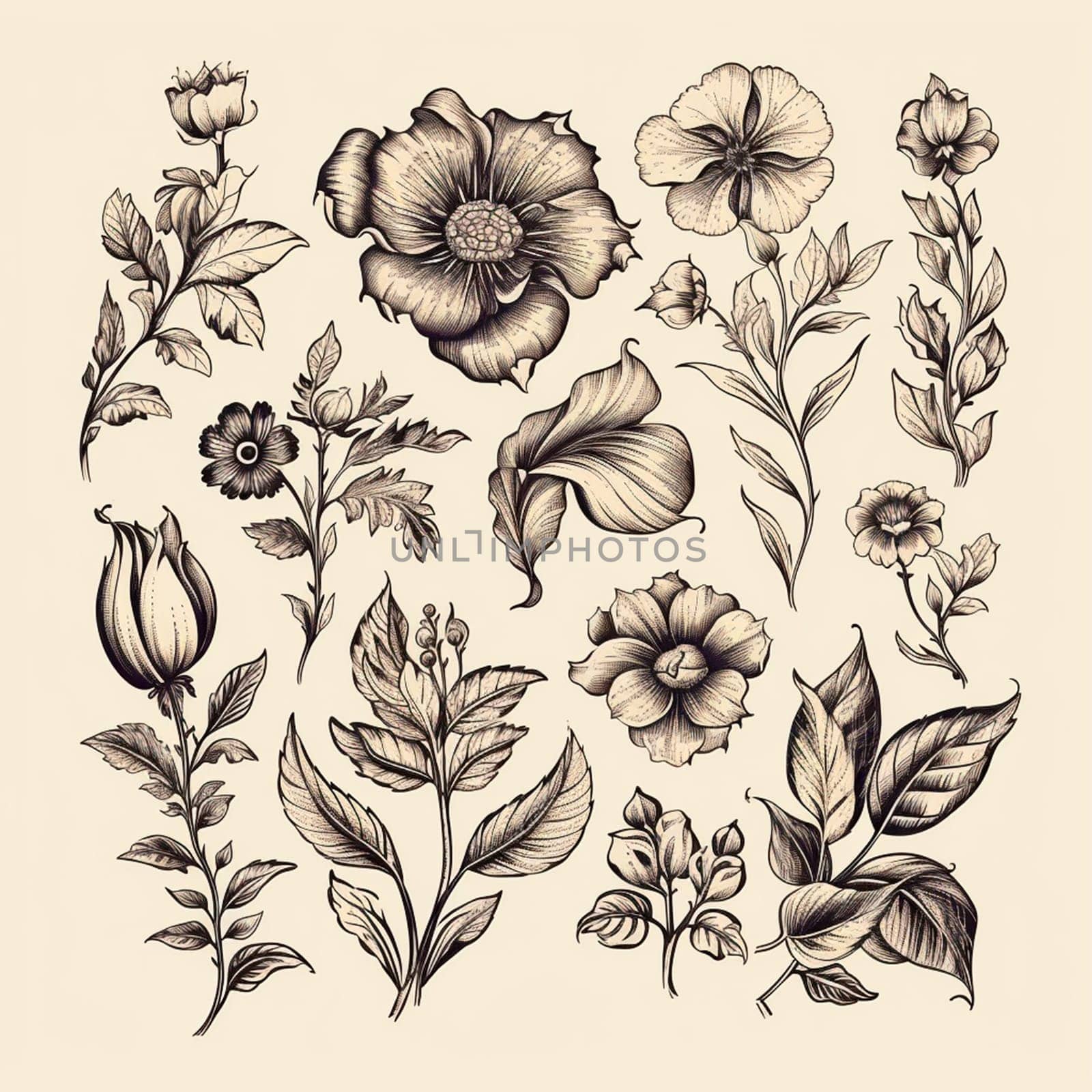 Black and white drawings of flowers and plants, hand drawings - image