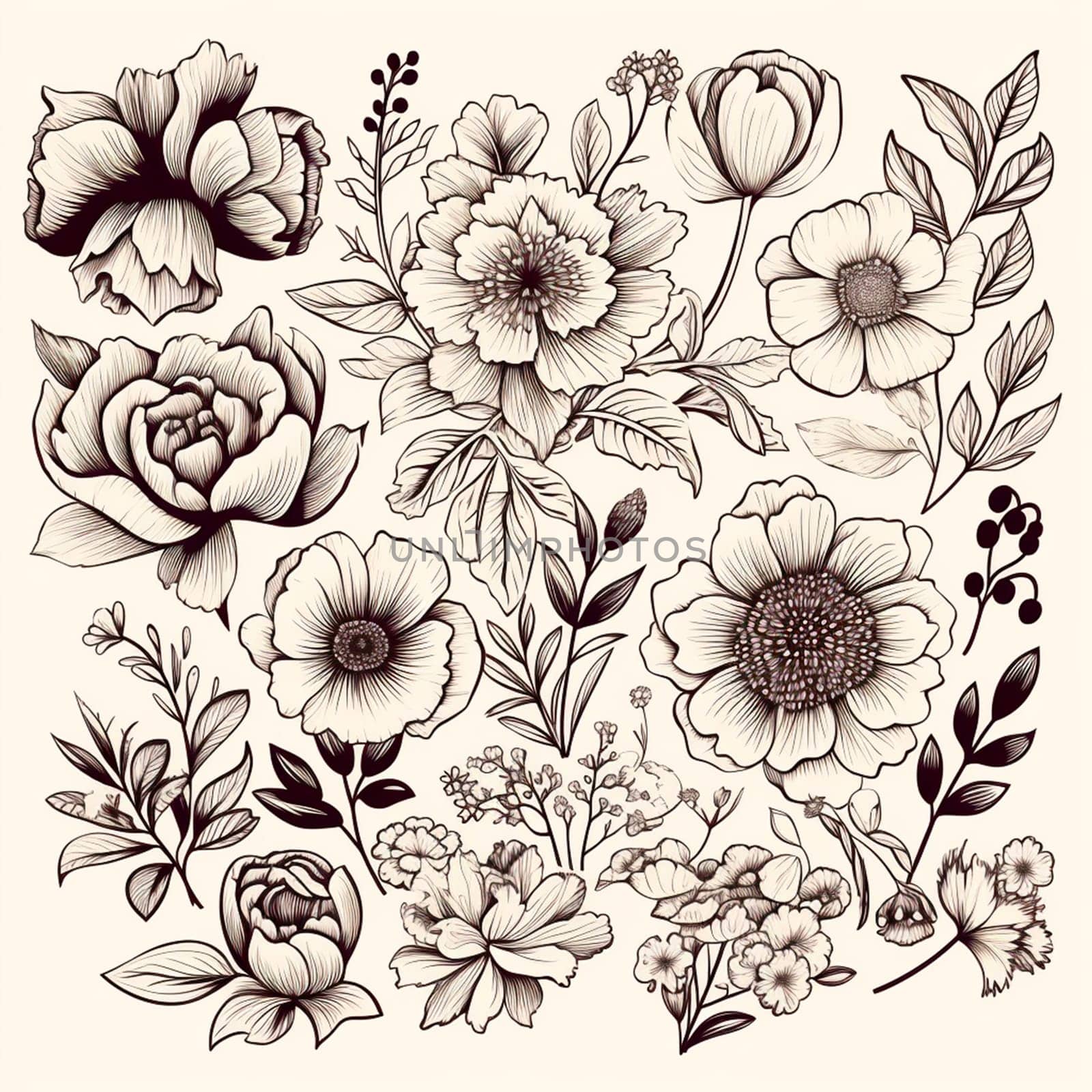Black and white drawings of flowers and plants, hand drawings by BEMPhoto