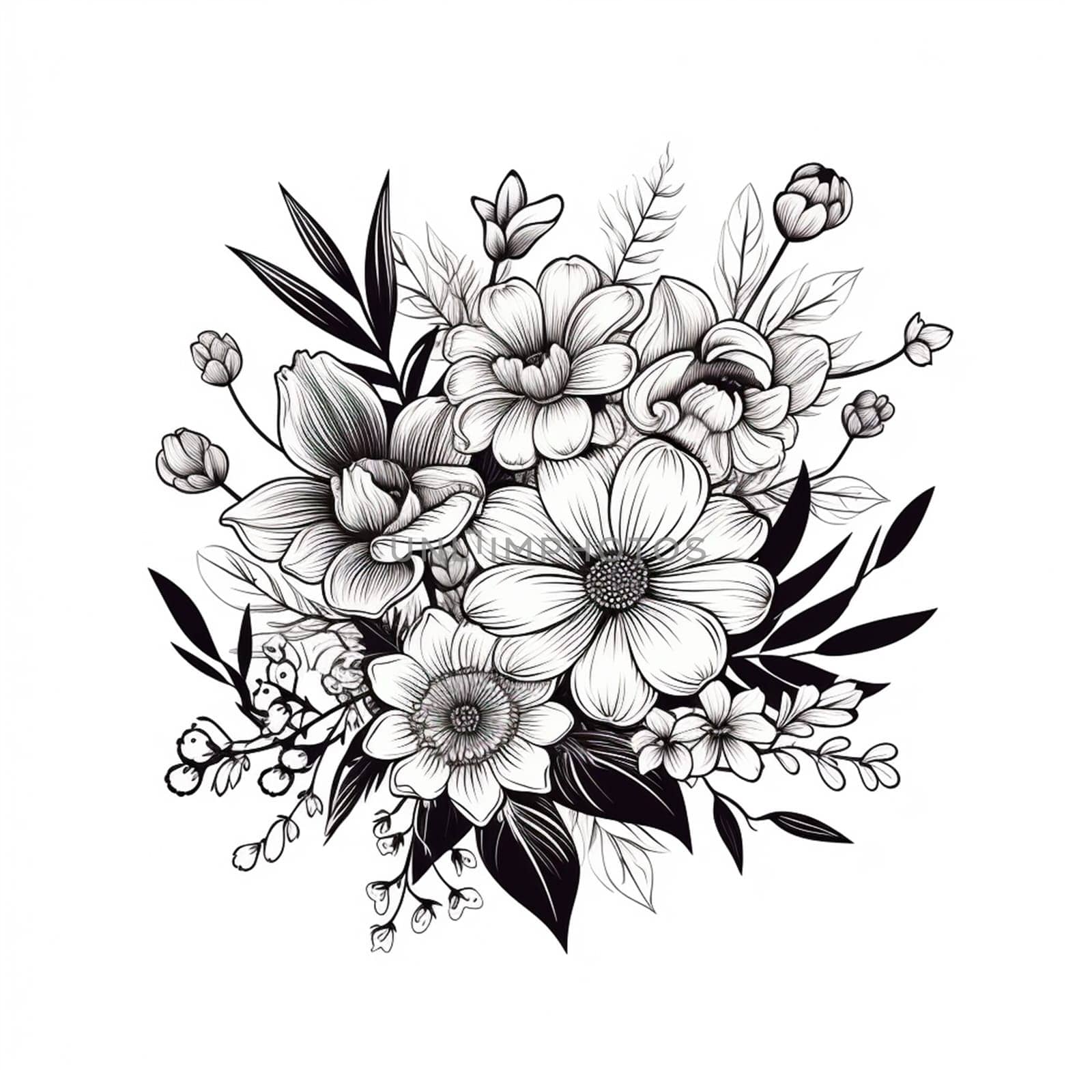 Black and white drawings of flowers and plants, hand drawings by BEMPhoto