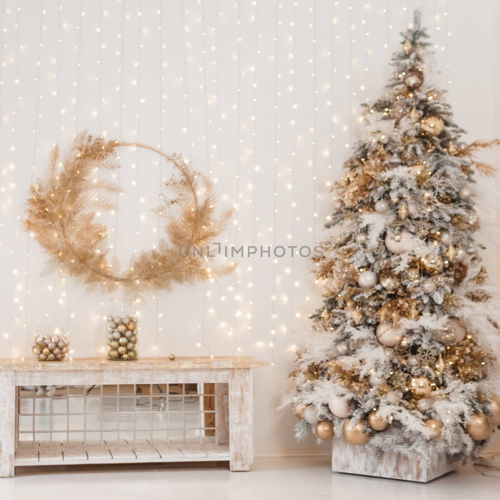 New Year's interior. Christmas tree in a light style and light interior. Festive atmosphere