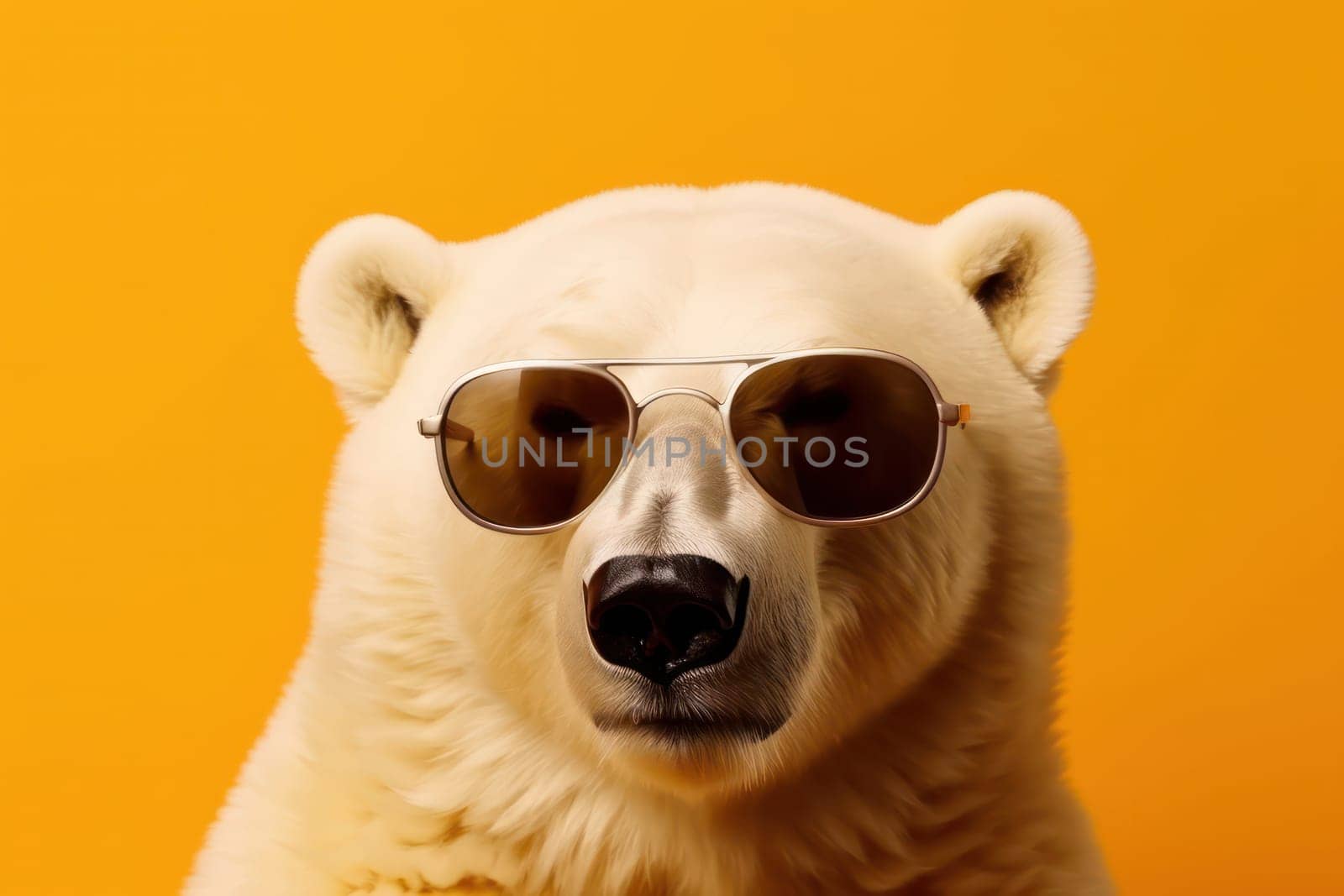 Adorable polar bear wearing sunglasses, keeping its eyes safe from the bright sun on a yellow backdrop. AI Generative.
