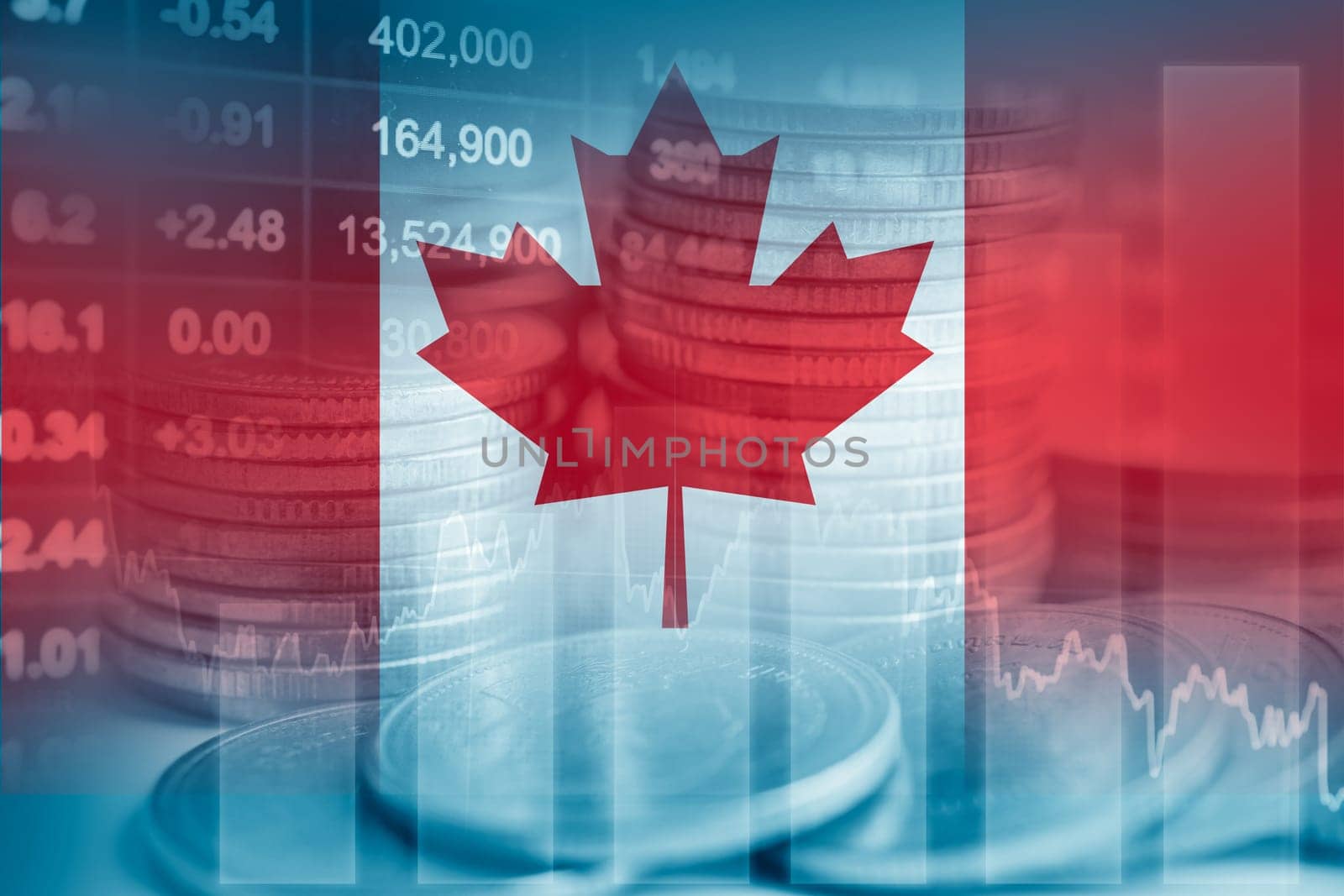 Canada flag with stock market finance, economy trend graph digital technology.
